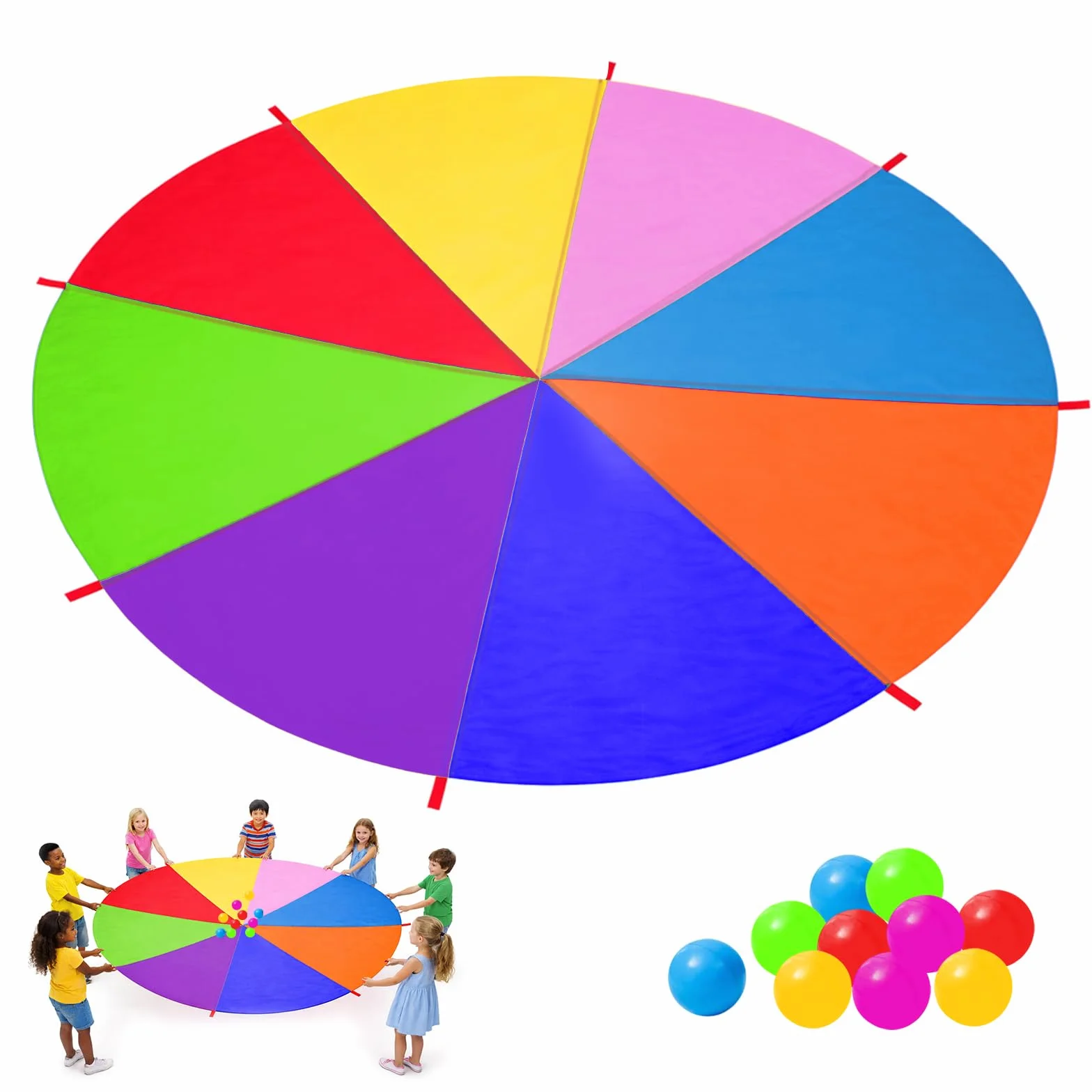 Paracadute Bambini,3,6 m Paracadute Ludico Arcobaleno con 8 Maniglie e 10 Palle,Giochi All'aperto Lezioni Di Sport E Feste Di Compleanno Per Bambini