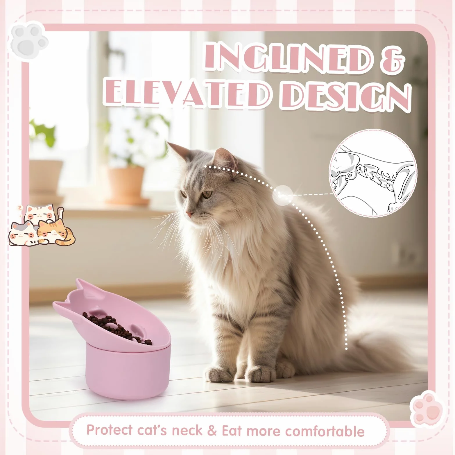 Funnymoom Confezione da 2 ciotole per gatti in silicone, per cibo secco e umido, design inclinato con base antiscivolo, angolo regolabile per animali domestici (grigio e rosa)