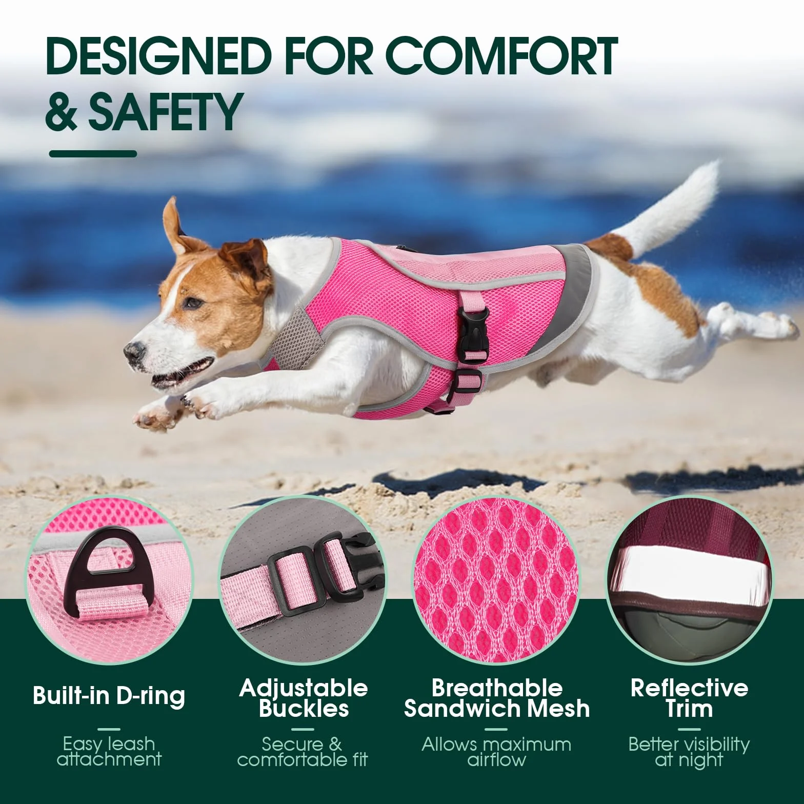 Kuoser Gilet Rinfrescante per Cani, Cappotto Evaporativo con Fibbia Pettorale e Anello a D, Rosa, Taglia M