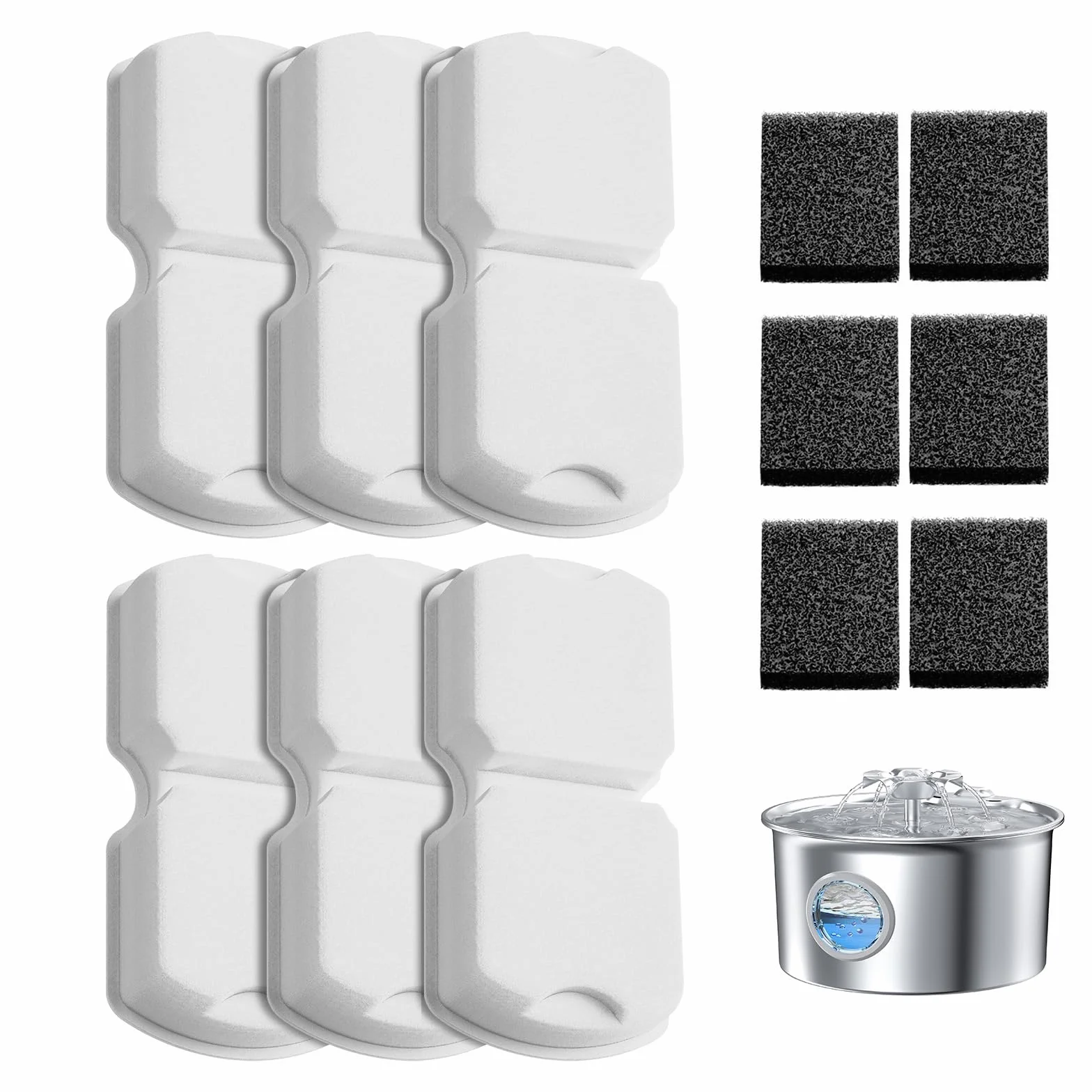 IHOUONE Filtri Fontanella per Gatti: 12 Filtro Fontana Gatto - Distributore Acqua Gatti Filtro - 6 Filtris Fontanella Cani + 6 Spugnas - Aumenti di Materiale - Adatto per Fontana per Cani Acciaio