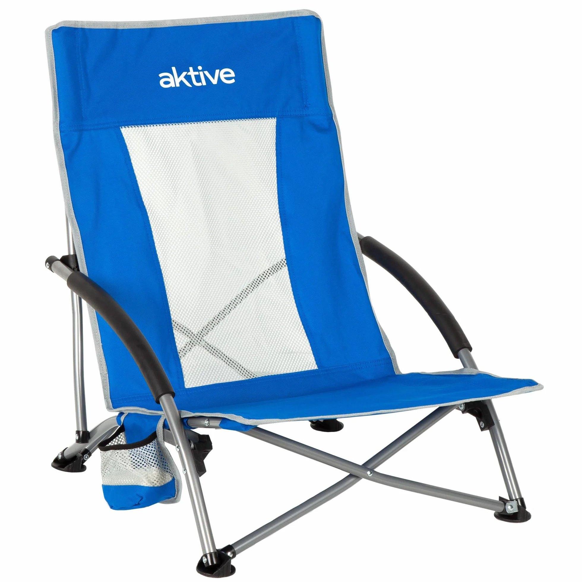 AKTIVE Sedia da spiaggia pieghevole, Tessuto in poliestere e struttura in acciaio, Blu, Dimensioni 50x51x67 cm, Max. 110 kg, Schienale traspirante, Include copertura e portabicchieri (62636)