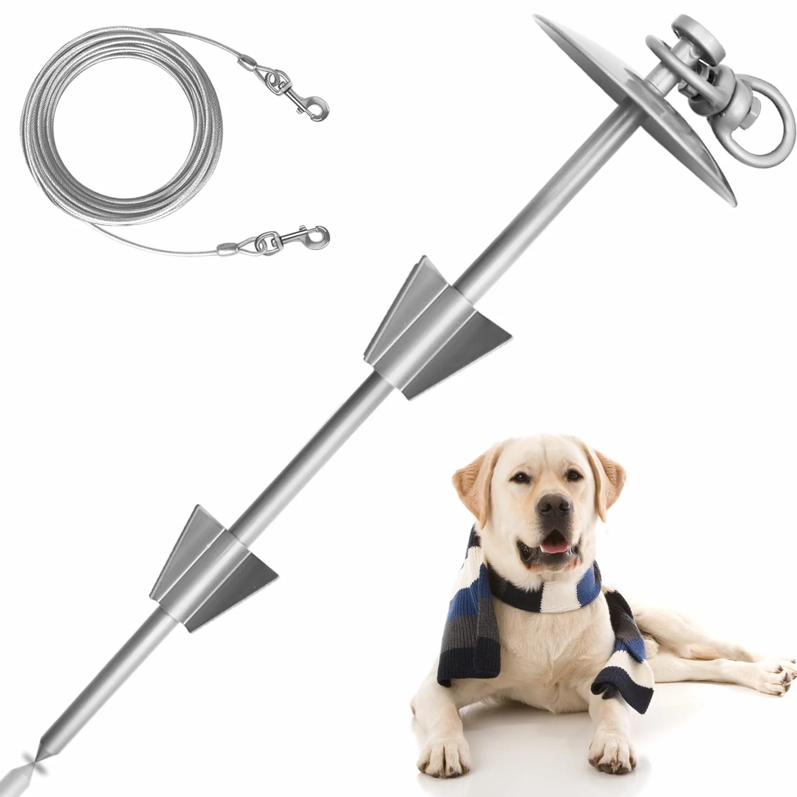 Palo per cani resistente con cavo per cani da 3 m, per cani grandi fino a 68 kg, palo per esterni, facile da installare, palo girevole a 360° per cortile, campeggio, spiaggia
