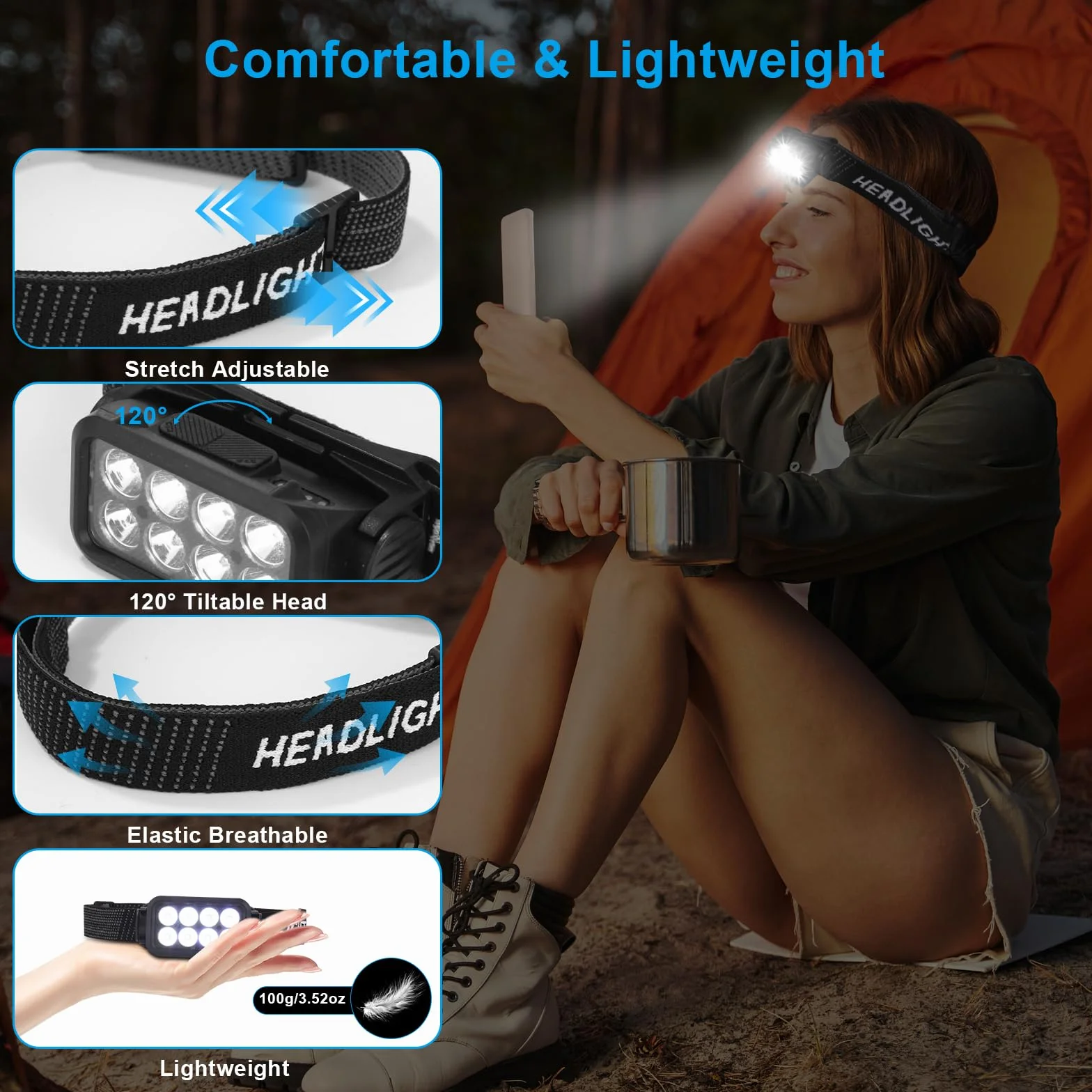 Lampade Frontali LED Ricaricabili 2500 Lumen 5 Modalità IPX6 Impermeabili Sensore di Luce per Esterni Campeggio Corsa Pesca