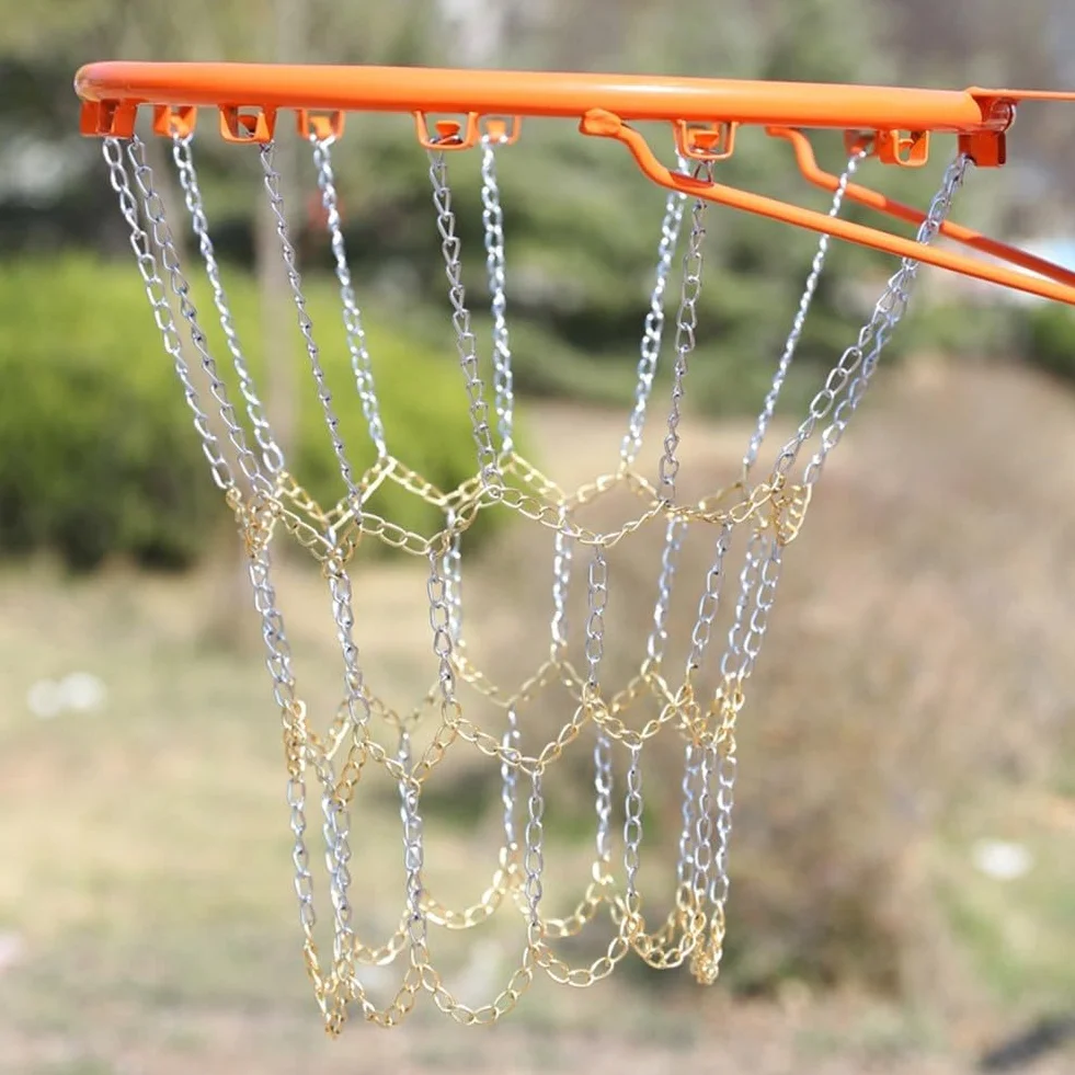 Yhenlovtt Rete da basket standard per esterni/interni, in metallo zincato, con cerchi argentati, durevole, adatta alla maggior parte dei Ba (argento e oro)