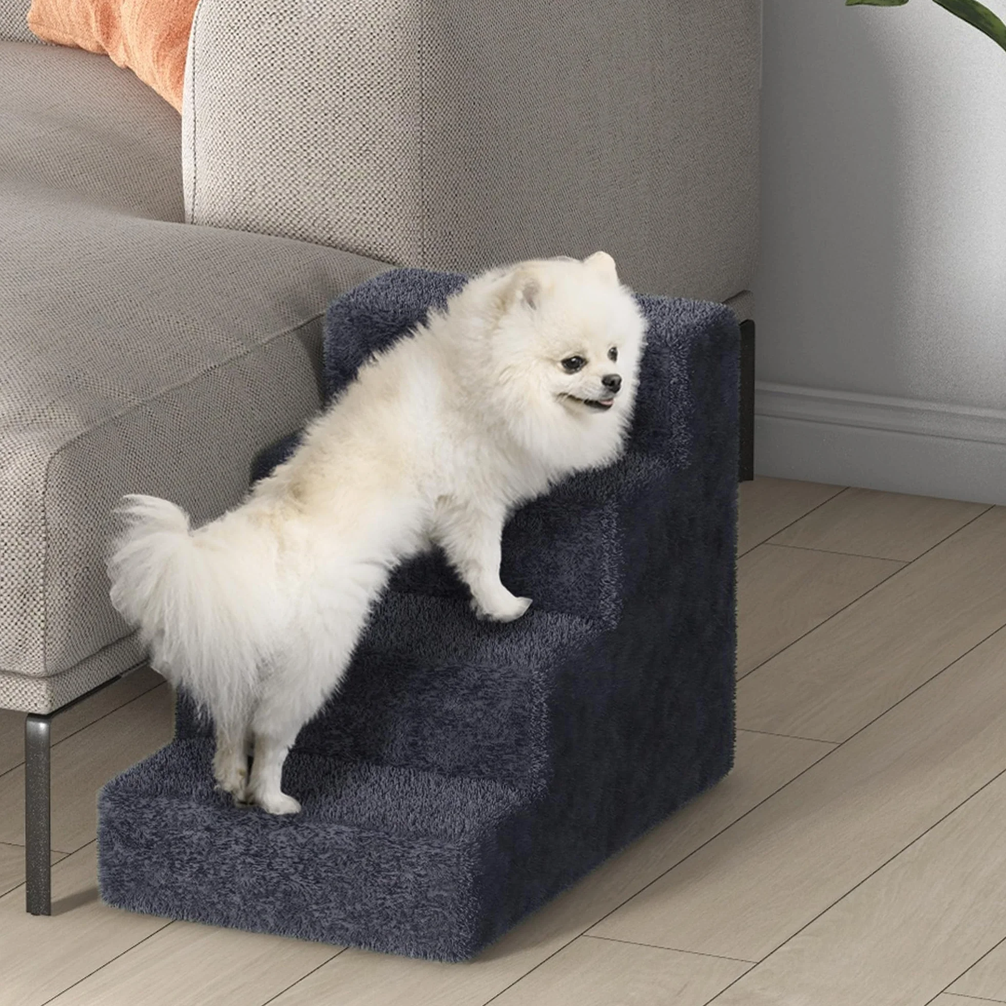 PawHut Scala per Cani 4 Gradini 60x35x44 cm Scaletta per Cani Gatti 10 KG Tessuto Vellutato Sfoderabile Lavabile Grigio Scuro