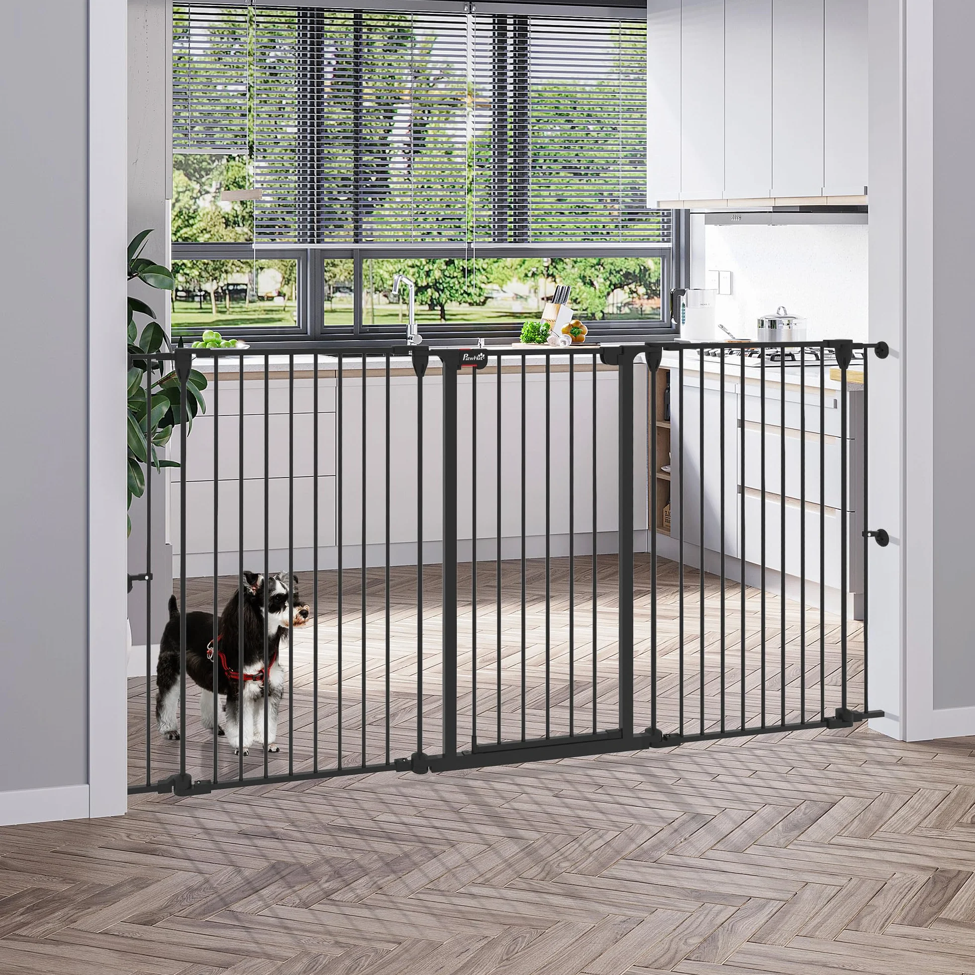 PawHut Cancelletto per Cani 90A cm 3 Pannelli Pieghevoli con Doppio Sistema di Blocco, Acciaio e Plastica, 206x90cm, Nero