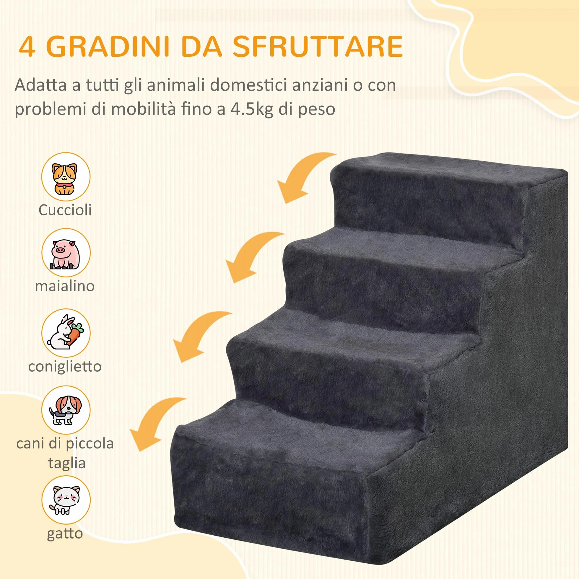 PawHut Scala per Cani 4 Gradini 60x35x44 cm Scaletta per Cani Gatti 10 KG Tessuto Vellutato Sfoderabile Lavabile Grigio Scuro