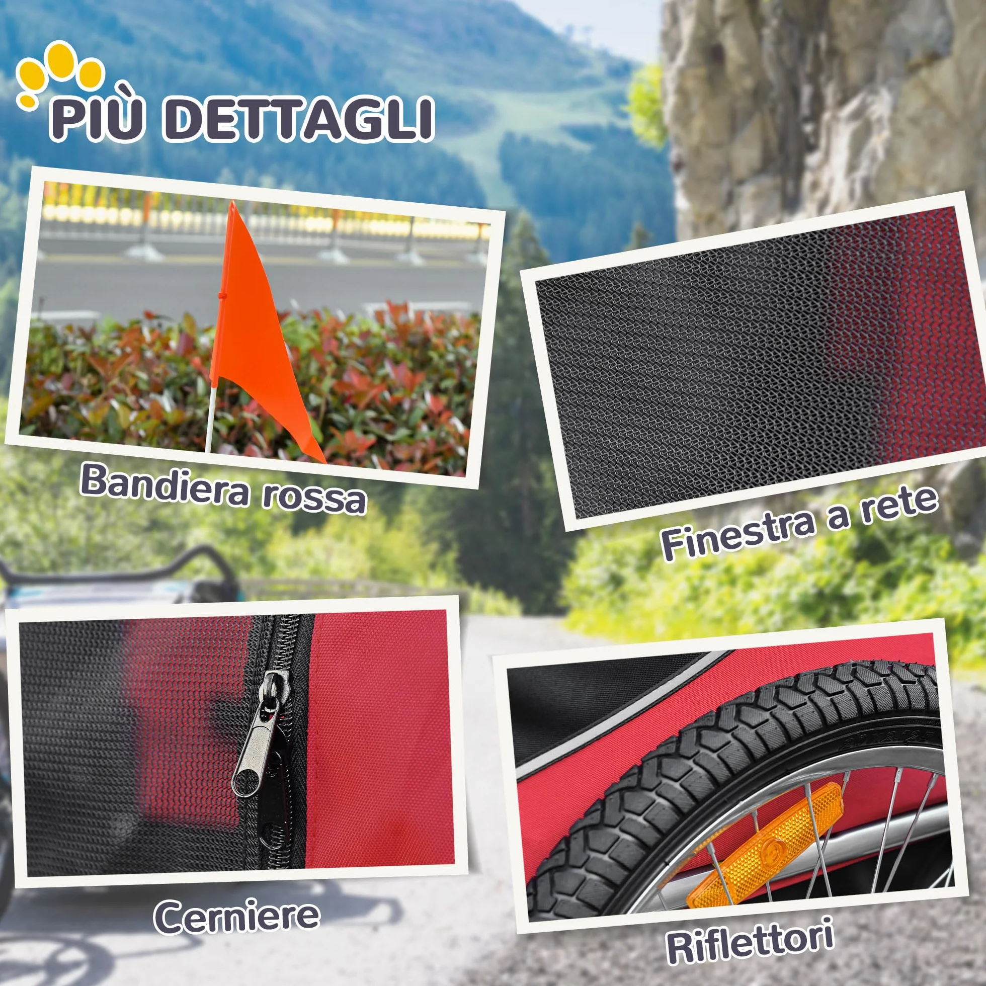 PawHut Carrellino Rimorchio per Cani Animali Domestici da Bicicletta 130 x 73 x 90cm Rosso e nero