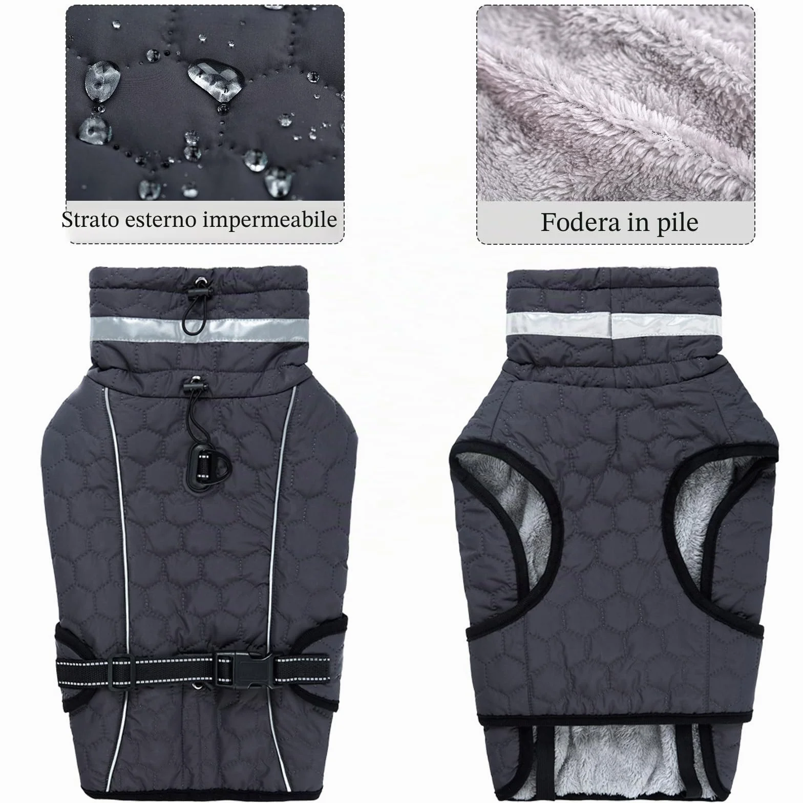 Cappotto Impermeabile Cane Giubbotto Pile Invernale Caldo Regolabile Riflettente Taglia Piccola Media Grande