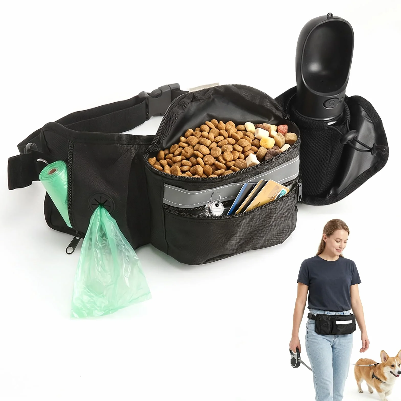 Porta premietti per cani, marsupio per addestramento, sacchetto porta-cibo con dispenser per sacchetti per i bisogni e striscia riflettente, marsupio regolabile per passeggiate all'aperto (nero)