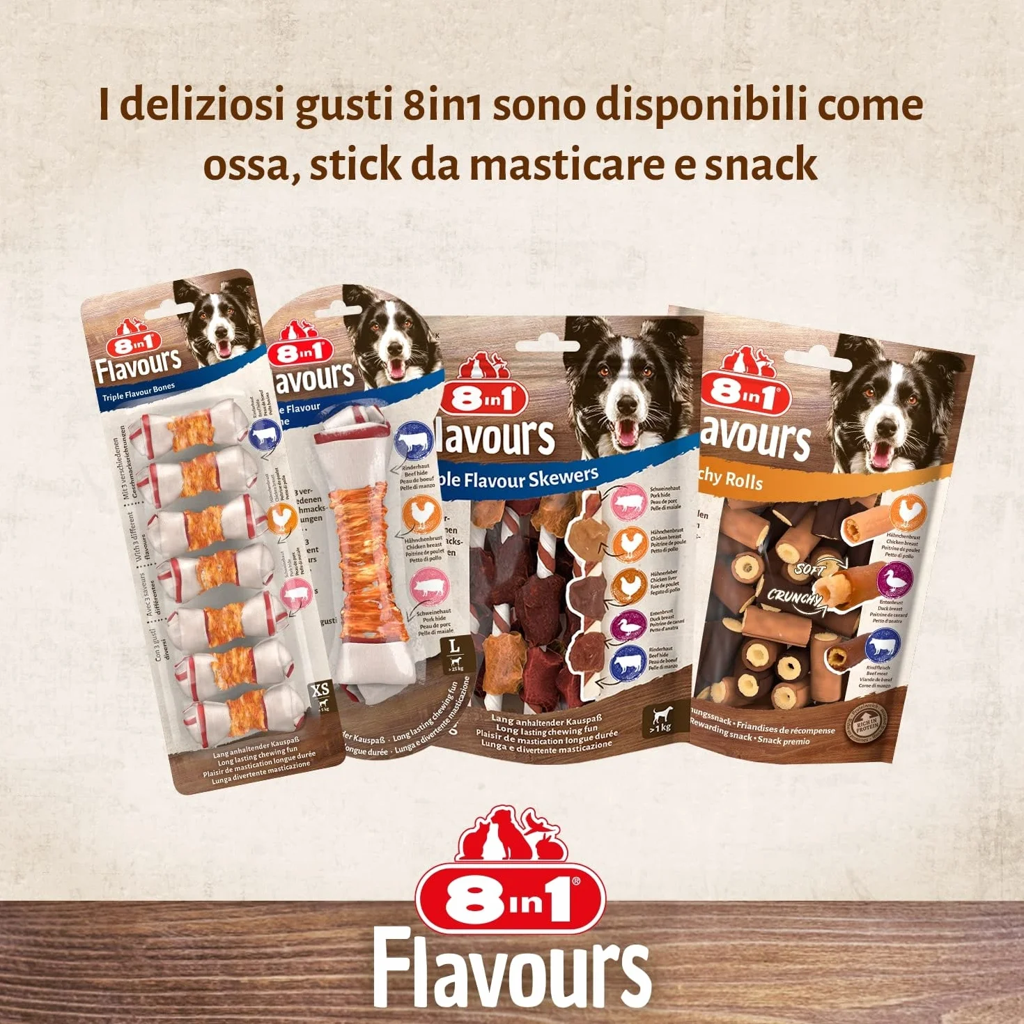 8in1 Triple Flavour Ribs Bastoncini da masticare per cani - Snack da masticare con carne extra, confezione da 113 g (ca. 6 pezzi)