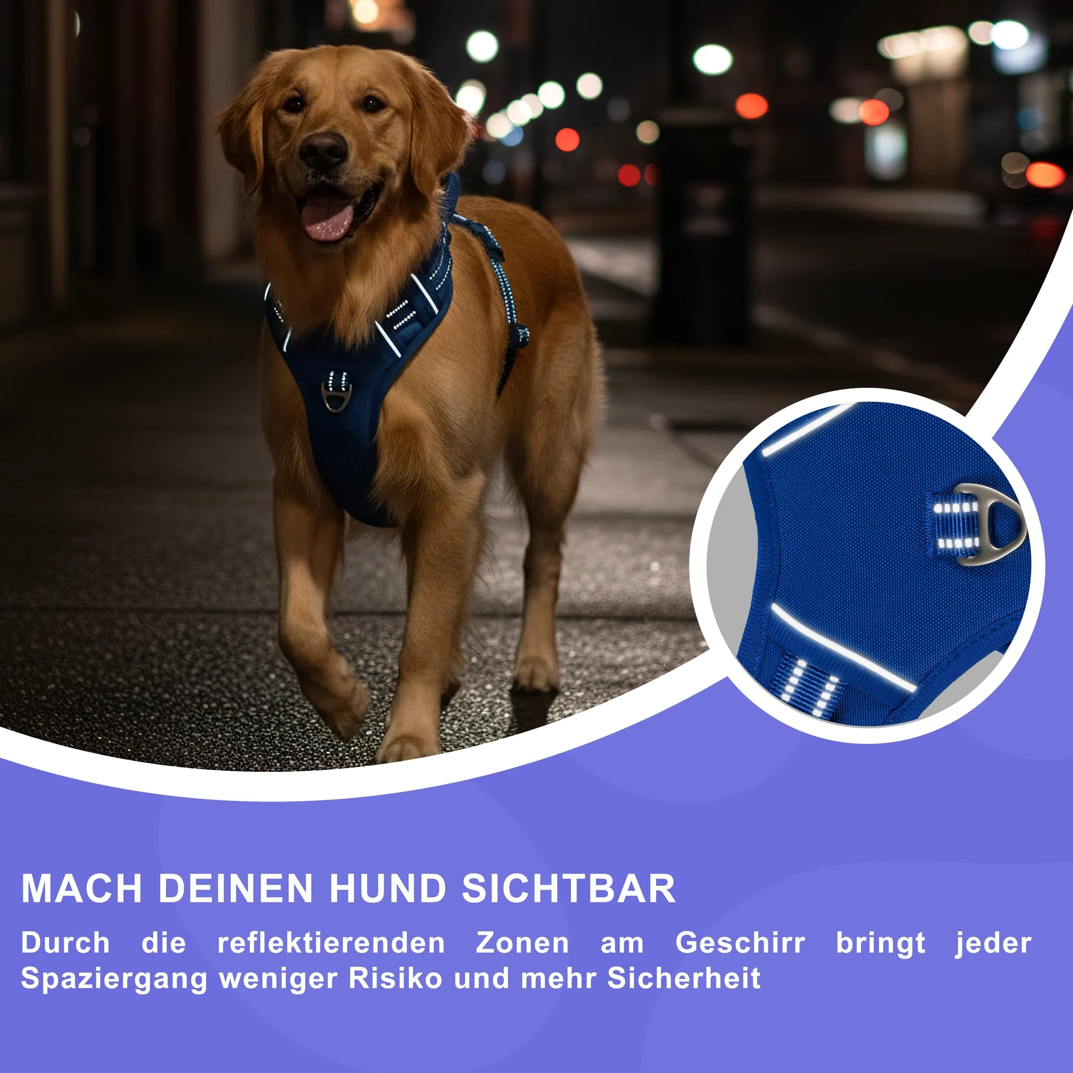 Reichstadt Pets Pettorina Cane Anti-Tiro per Cani Grandi 25RSP083 Blu L | Pettorina regolabile e imbottita con maniglia, inserti riflettenti e tessuto traspirante per passeggiate sicure