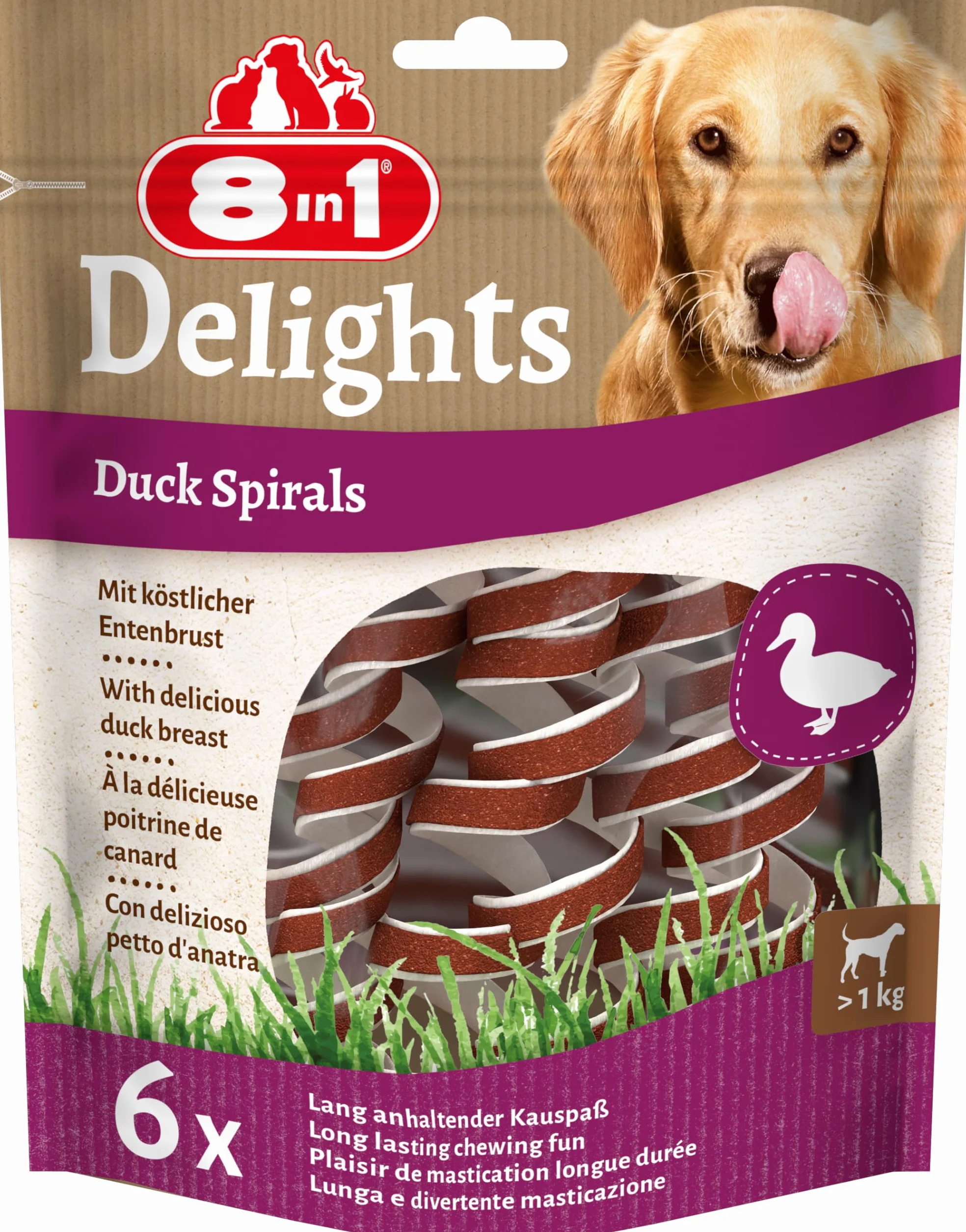 8in1 Delights Duck Spirals - Snack masticabile sano per cani, carne di anatra di alta qualità avvolta in pelle di manzo, 6 pezzi