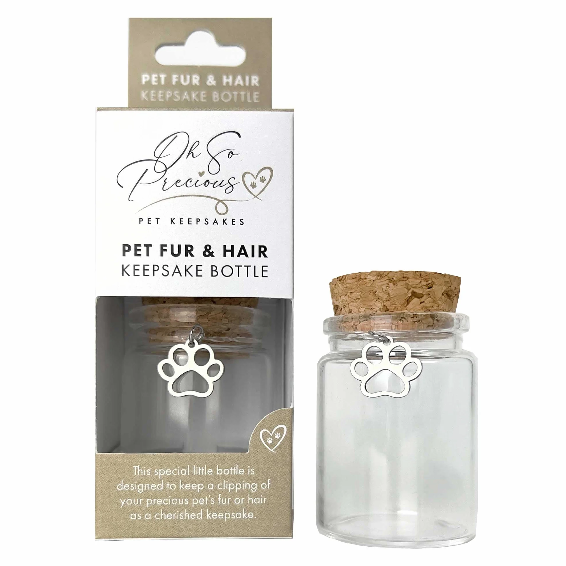 Bottiglia ricordo per peli e peli di animali domestici, conserva ricordi preziosi, ricordo per cani, gatti, cavalli, piccoli mammiferi, ciondolo a forma di zampa incluso, diametro 3,5 cm x altezza 5