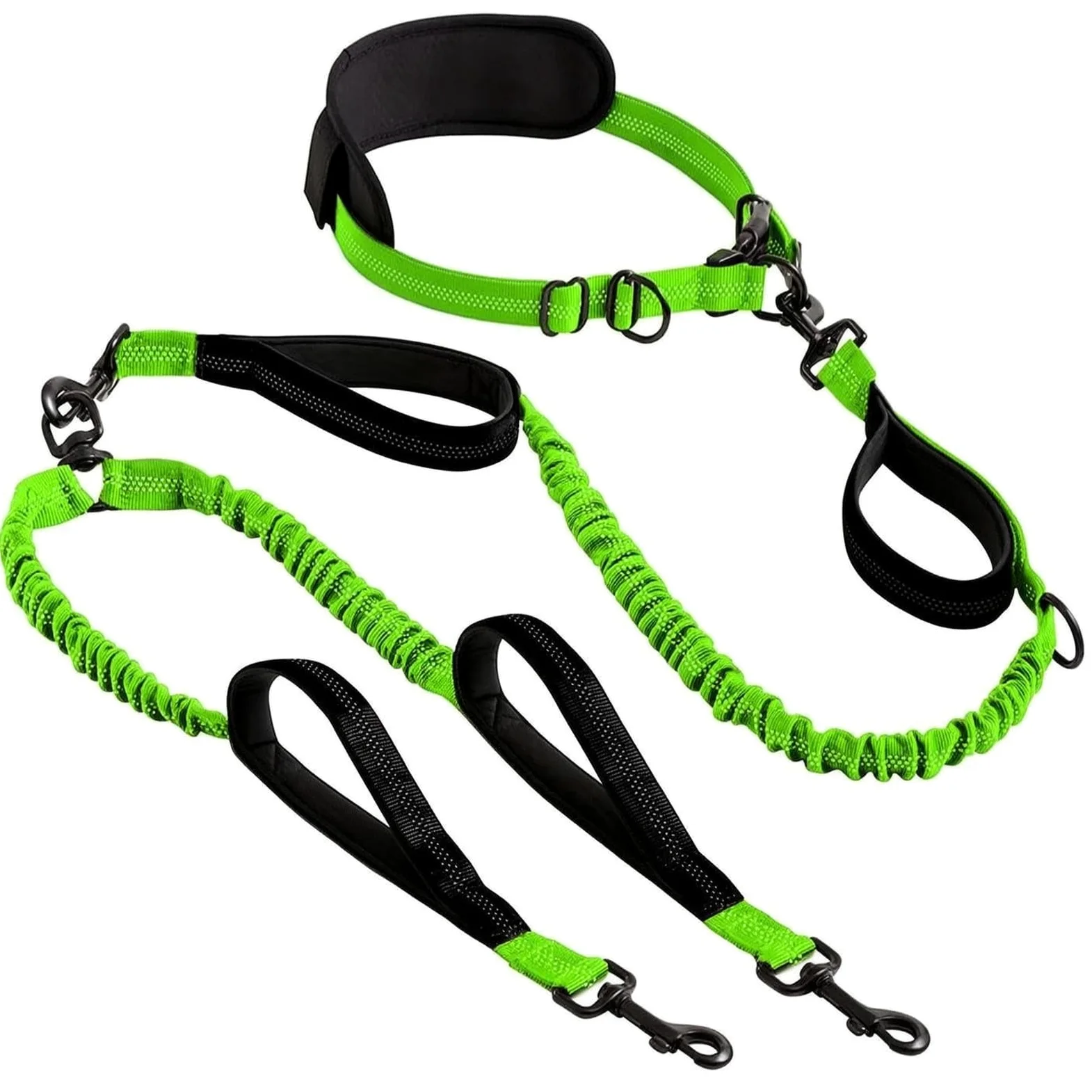 Guinzaglio a Doppia Testa Guinzaglio Elastico con Bungee Guinzaglio per Cani Guinzaglio Cintura da Corsa con Cintura in Vita con Maniglie per, Verde