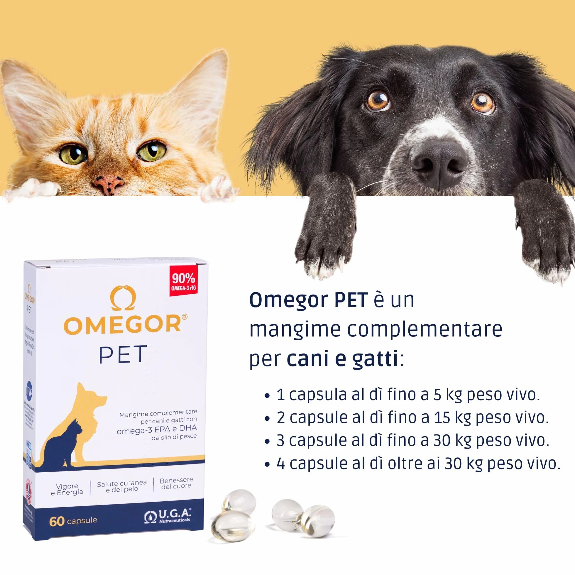 OMEGOR Pet Omega 3 per Cani e Gatti con EPA e DHA da Olio di Pesce Purificato - 60 Capsule di Omega3 IFOS Certificato per la Salute del Pelo e delle Articolazioni del tuo Pet