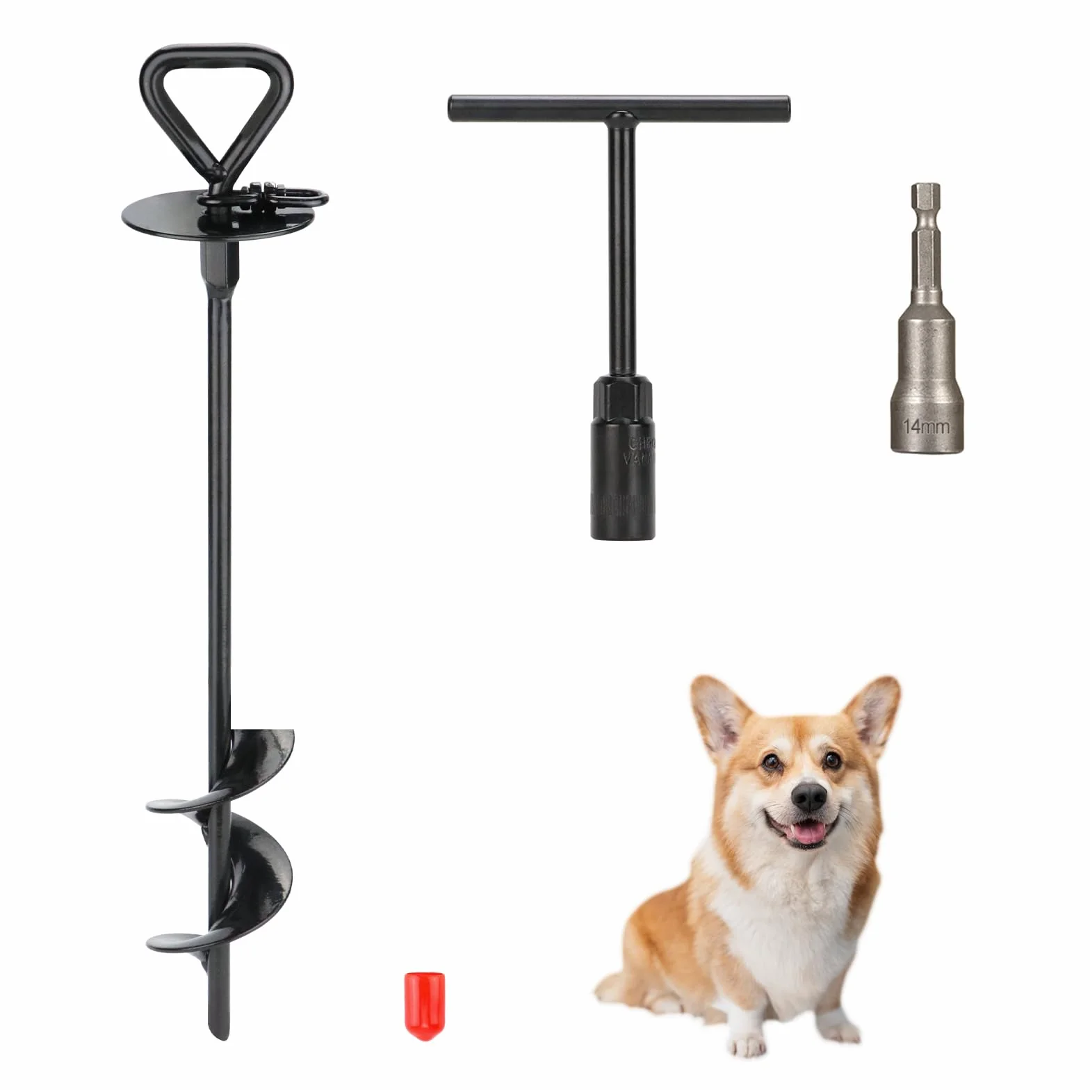 Palo per legare cani da 38,1 cm, picchetto di ancoraggio a terra, picchetto a spirale per guinzaglio per cani per campeggio all'aperto, palo resistente con chiave a T e presa