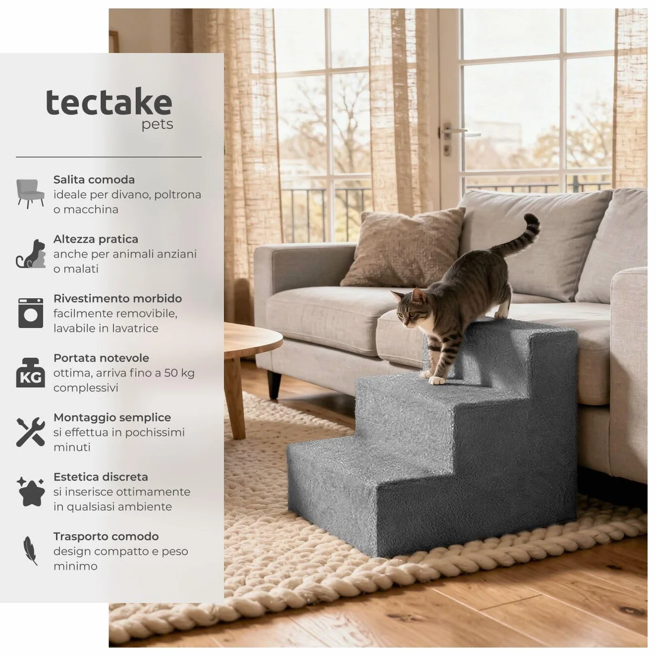 tectake Scala per Animali Domestici 3 Gradini 34,5 cm Antiscivolo Grigio