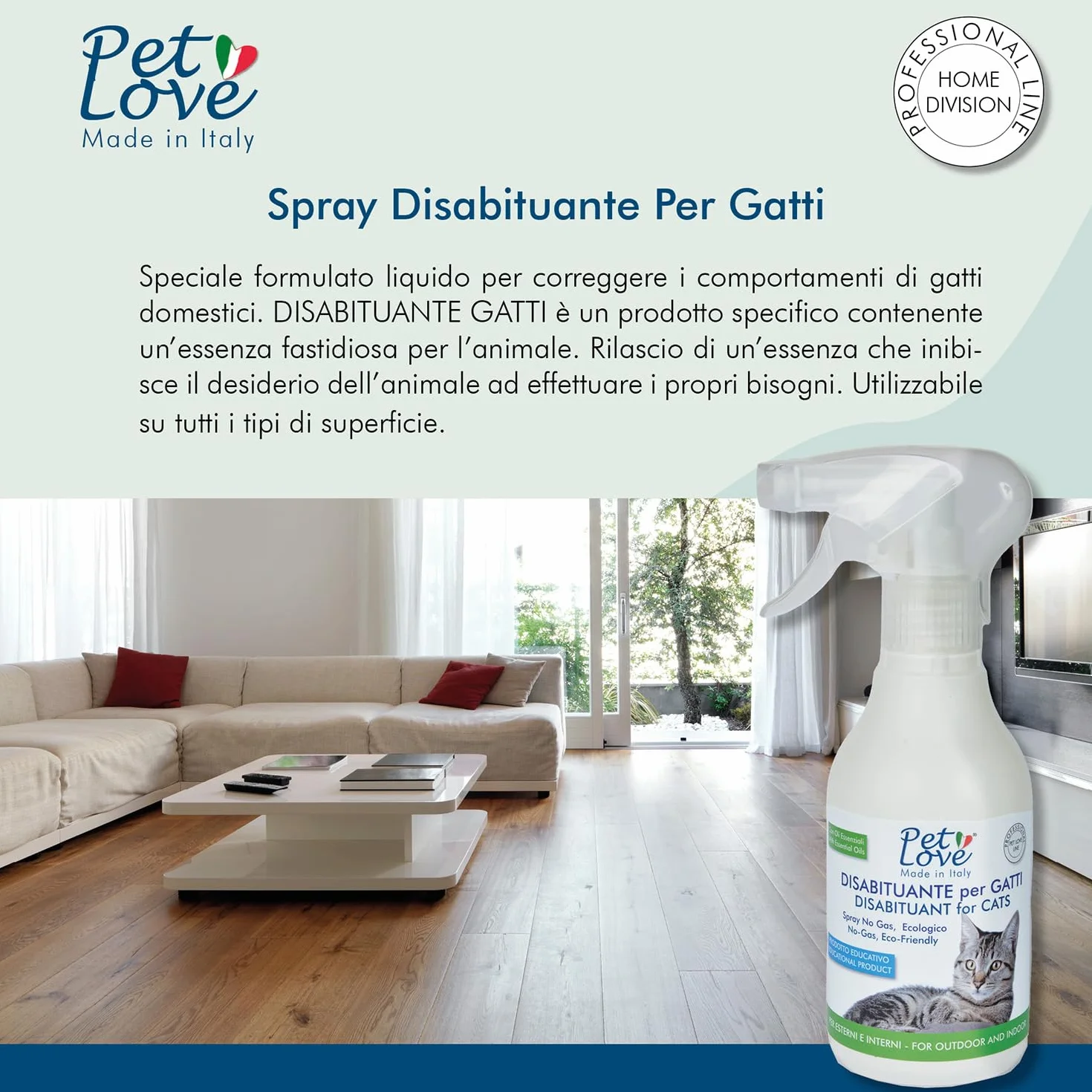 PET LOVE Spray Disabituante Repellente per Gatti - Anti Urina per Interni ed Esterni - Barriera Olfattiva - 350 ml