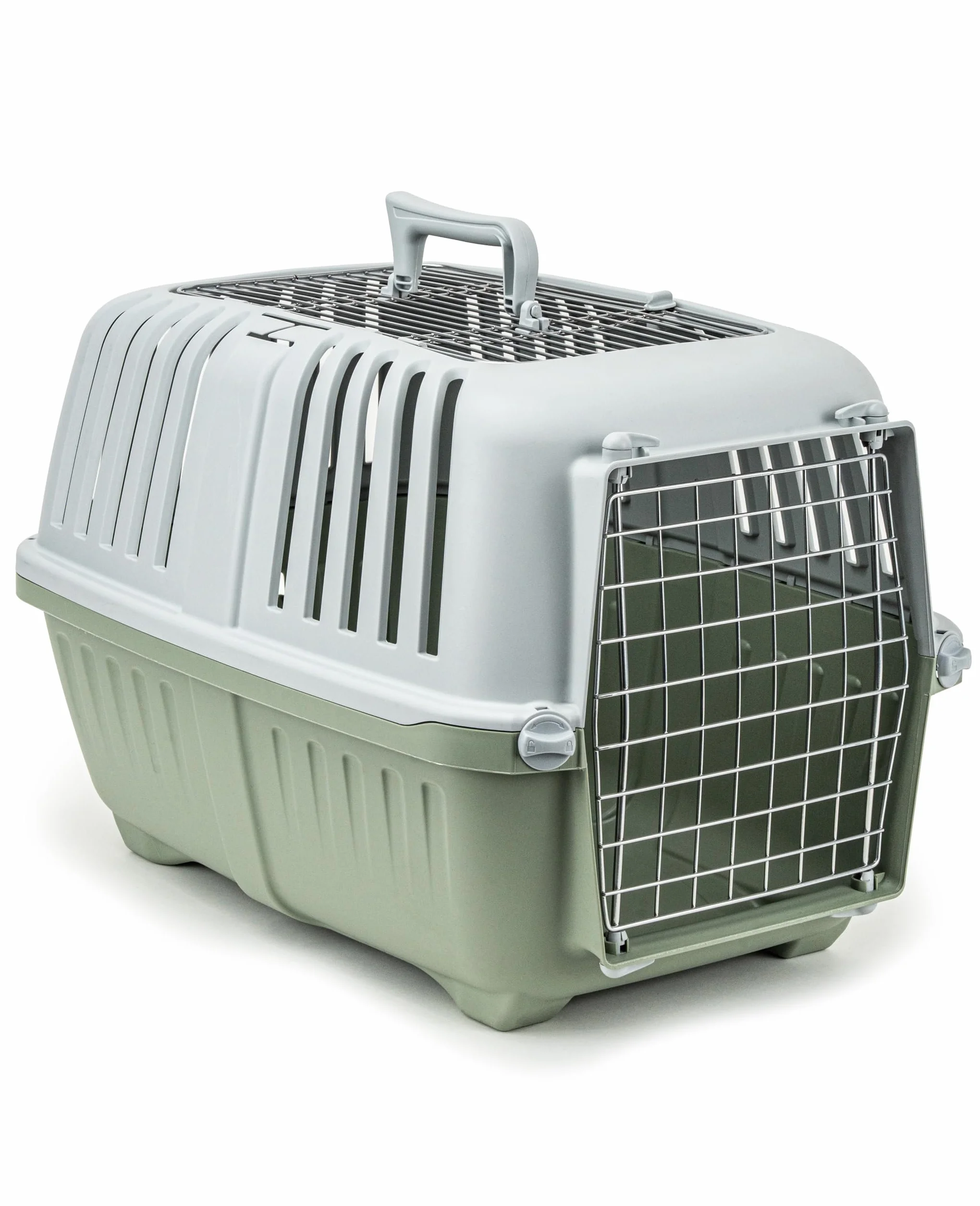 lionto Trasportino per cani in plastica con griglia in metallo, 58,5x35,5x40 cm, chiusura pratica e maniglia, per gatti e piccoli animali, fino a 15 kg, verde
