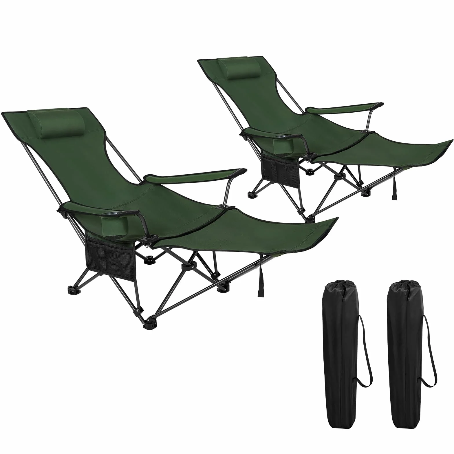 WOLTU Set di 2 Sedia da Campeggio Portatile Reclinabile, Sedia Pieghevole Esterno con Poggiapiedi, Poggiatesta e Borsa da Trasporto, per Pesca, Giardino, Verde