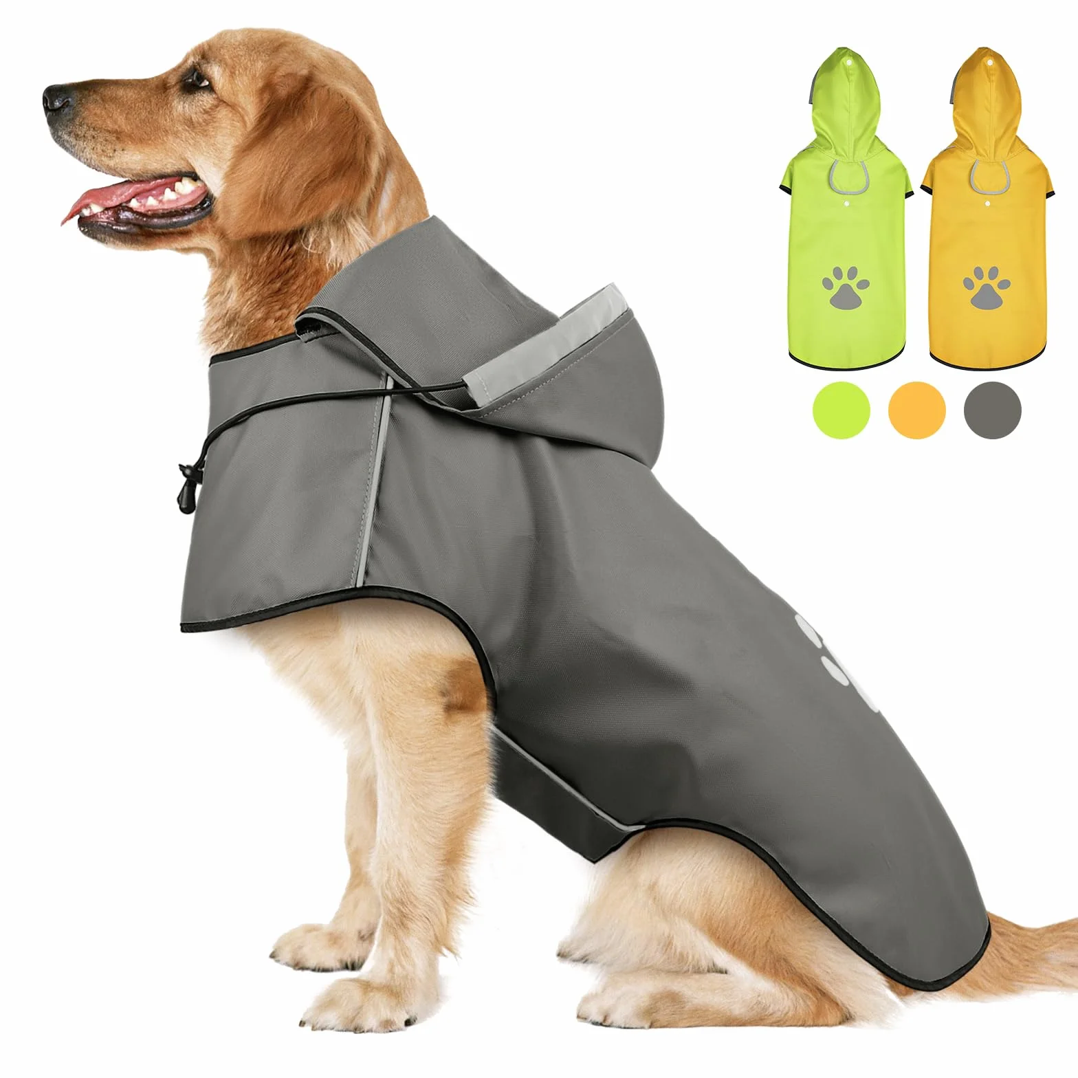 Impermeabile Cane, Cappotto Impermeabile per Cani con Cappuccio e Foro per Colletto, Regolabile Cappotto Impermeabile Cane di Taglia Piccola Medio e Grande,Strisce Riflettenti Protettive (Grigio,XL)