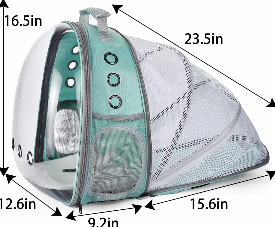 Zaino per Cani Gatti Estensibile, Zaino portatile per cani e gatti con finestra frontale trasparente e Retro espandibile, Zaino Capsula Spaziale ideale per Viaggo (Green, Behind Expand)