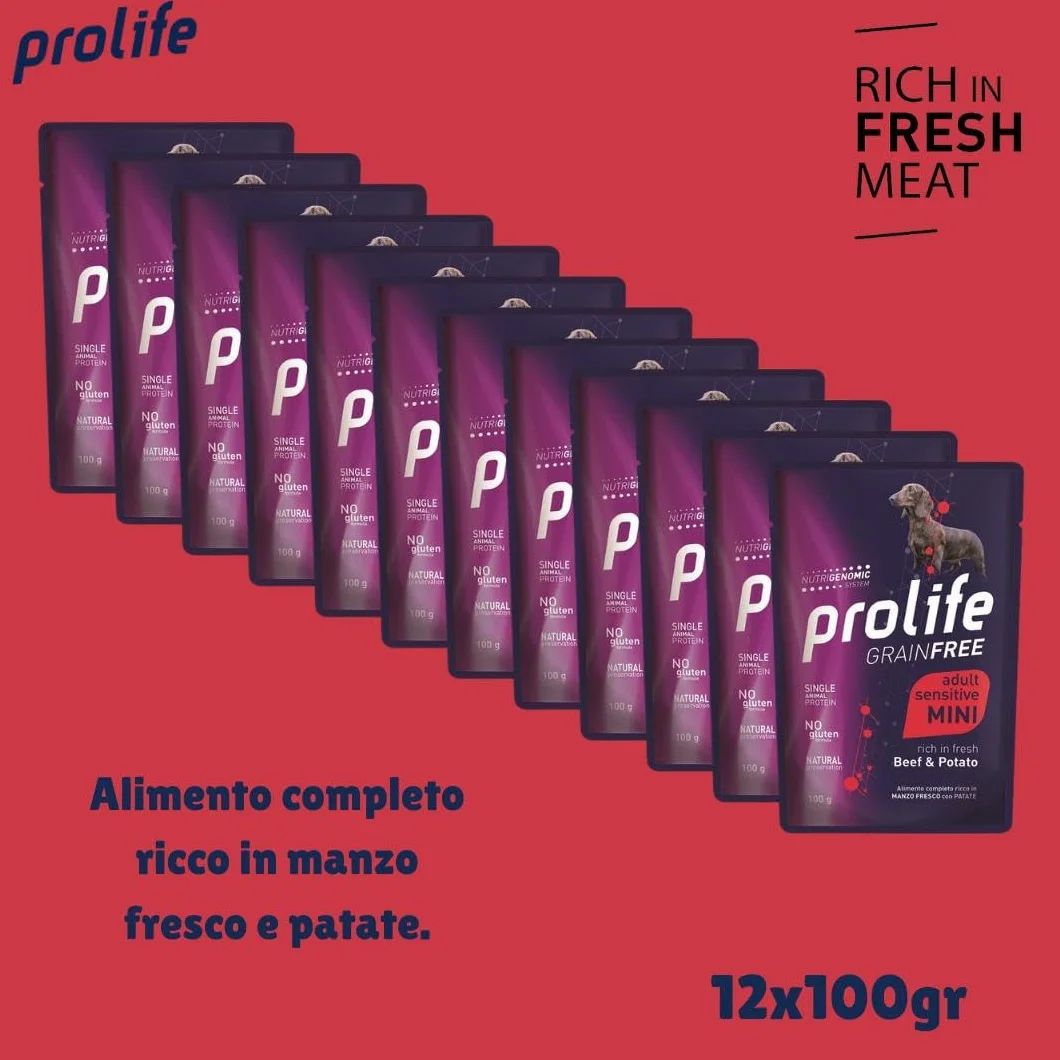 Prolife umido cane monoproteico sensitive grainfree (senza cereali) adult mini MANZO e PATATE 100g | 12 bustine da 100 grammi l'una.