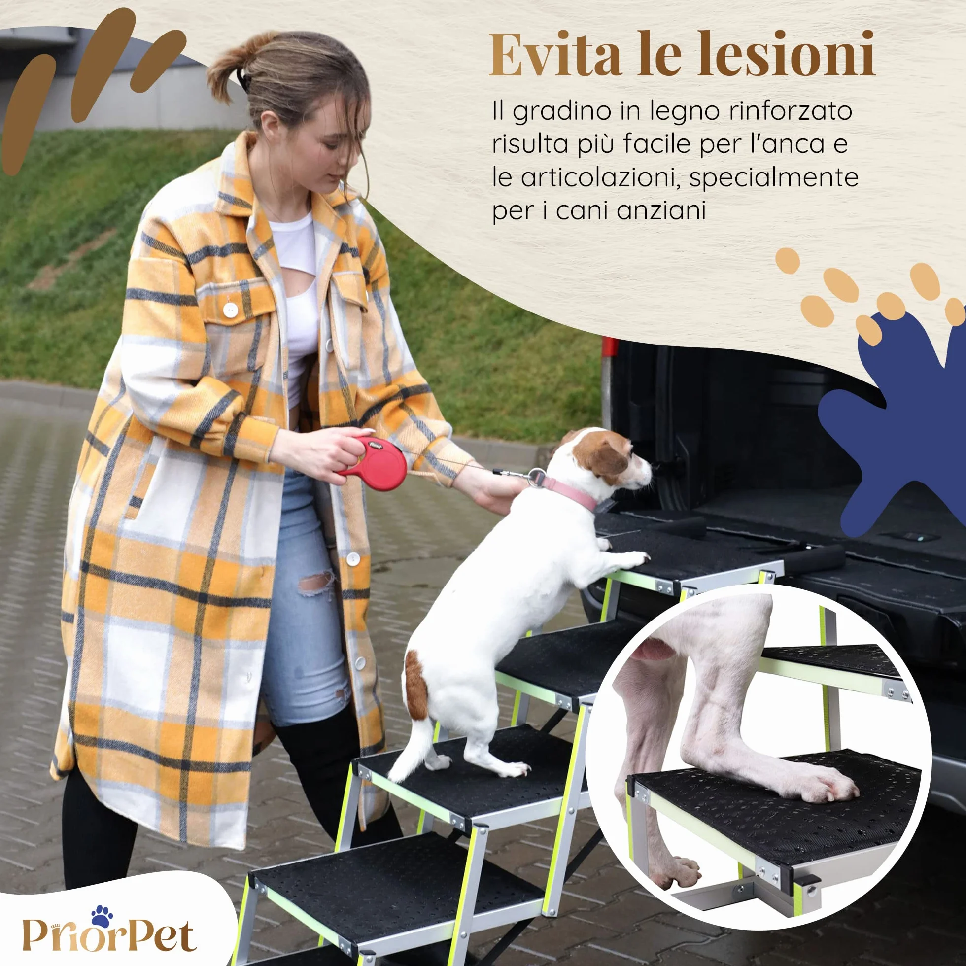 Rampa per Cani PRIORPET Pieghevole Fino a 77 KG Antiscivolo Riflettente 5 Gradini
