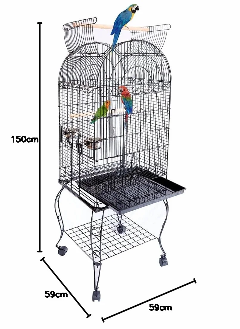BAKAJI Gabbia Voliera per Uccelli, Pappagalli Inseparabili, Parrocchetti, Volatili con Carrello e Tetto Apribile in Metallo e Legno Nero Gabbietta con Posatoi e Ruote con Blocco, 59 x 59 x 150 cm