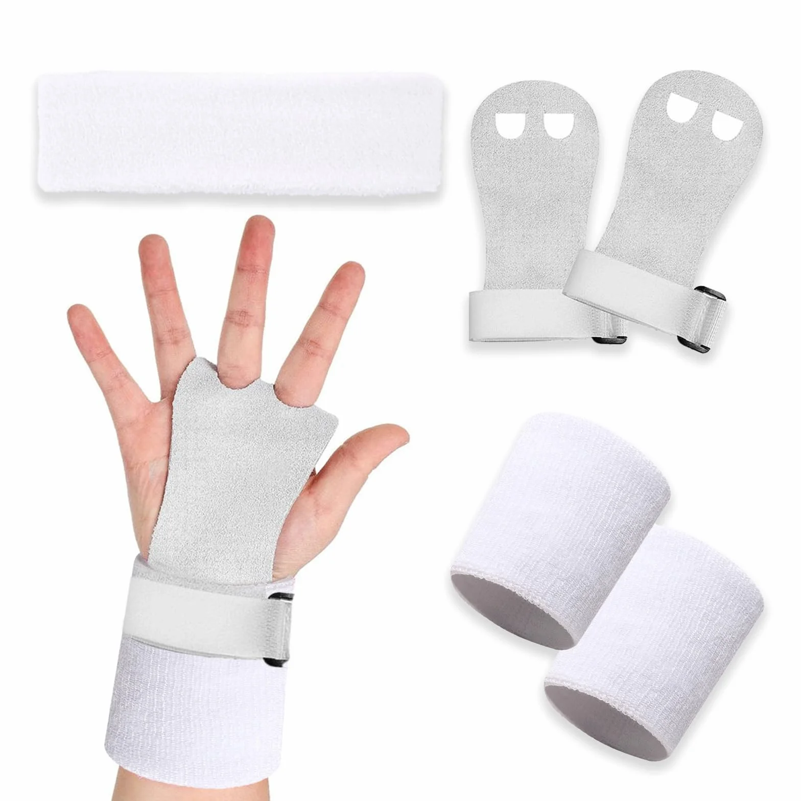 SSKHE 5 Pezzi Set di Grip da Ginnastica Bianchi con Polsini Assorbenti, Protezione del Palmo e Supporto al Polso per Ragazze, Bambini e Giovani, Accessori per Attività Sportive e Allenamento