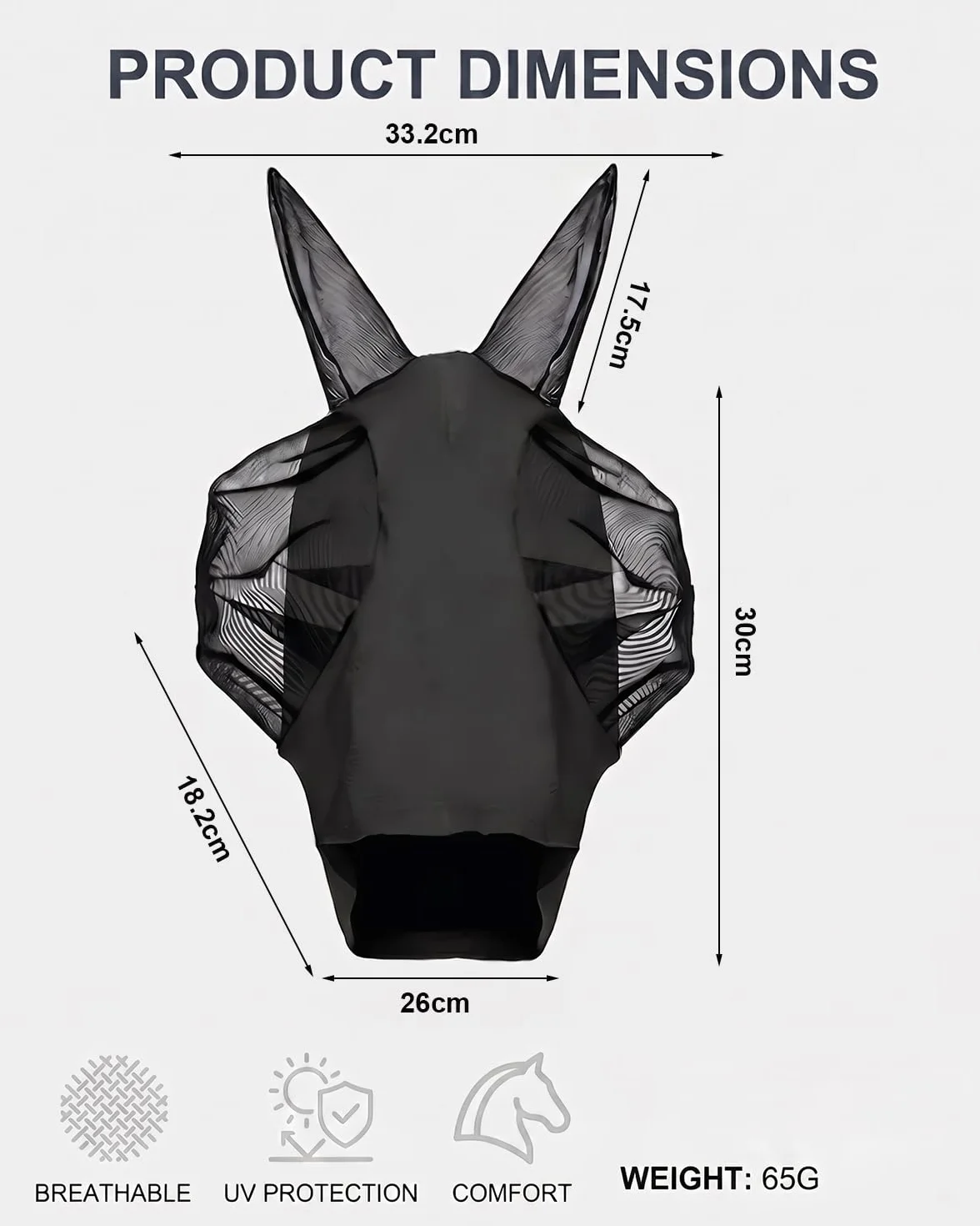 1pz Maschera Cavallo Nera, Protezione Mosche e UV Traspirante, Anti-Insetti, con design ergonomico per comfort e benessere equino