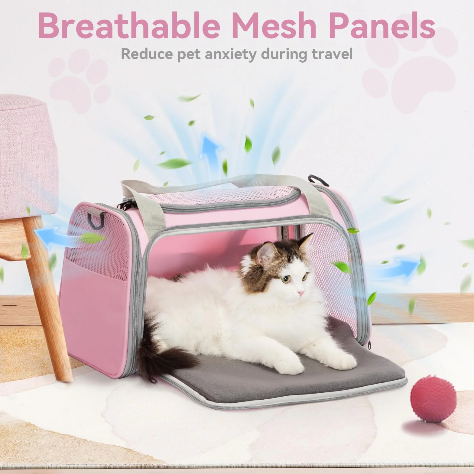 PETSFIT Borsa per gatti con tappetino estensibile, approvato dalle compagnie aeree, trasportino per gatti e cuccioli fino a 5,4 kg (44 x 26,5 x 27 cm, rosa)