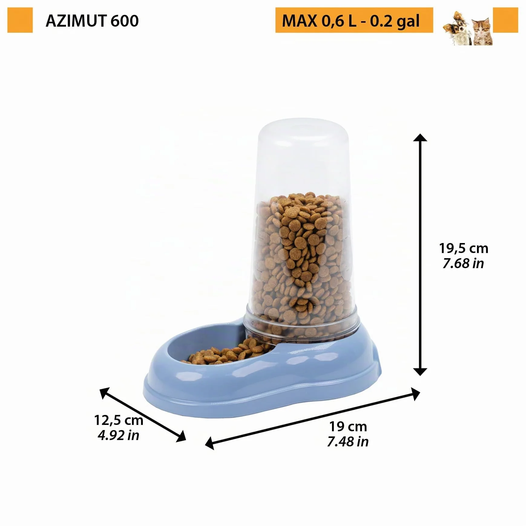 Ferplast Distributore cibo o acqua per cani e gatti AZIMUT 600 Mangiatoia per cibo secco acqua 0,6 Litri, Fondo antiscivolo, 12,5 x 19 x h 19,5 cm Blu