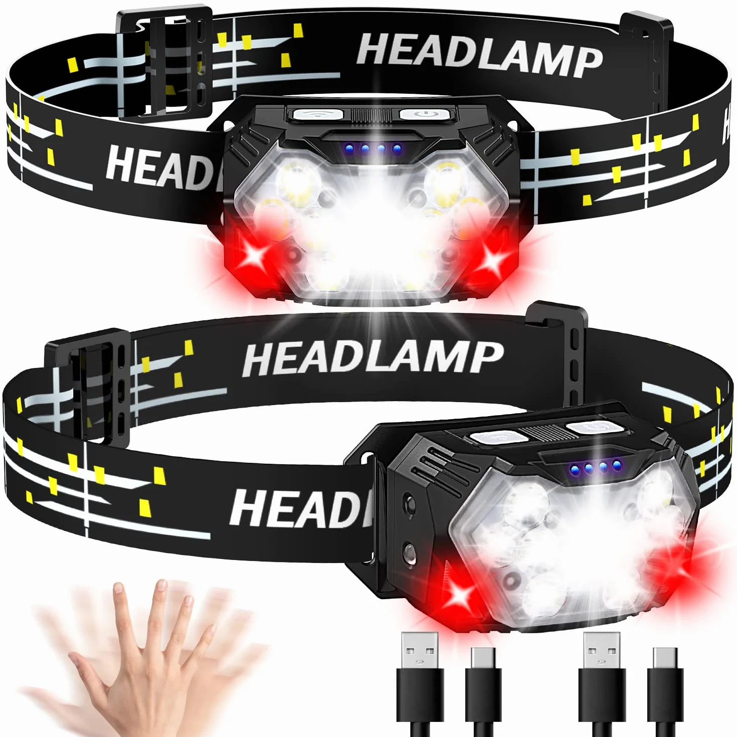 Torcia da Testa 9 Led 2 Pezzi, 2000 Lumens Lampada Frontale USB C Ricaricabile, 6 Modalità Luce Bianca e Rossa, Con Sensore di Movimento, IP×5 Impermeabile, per Campeggio, Corsa, Pesca