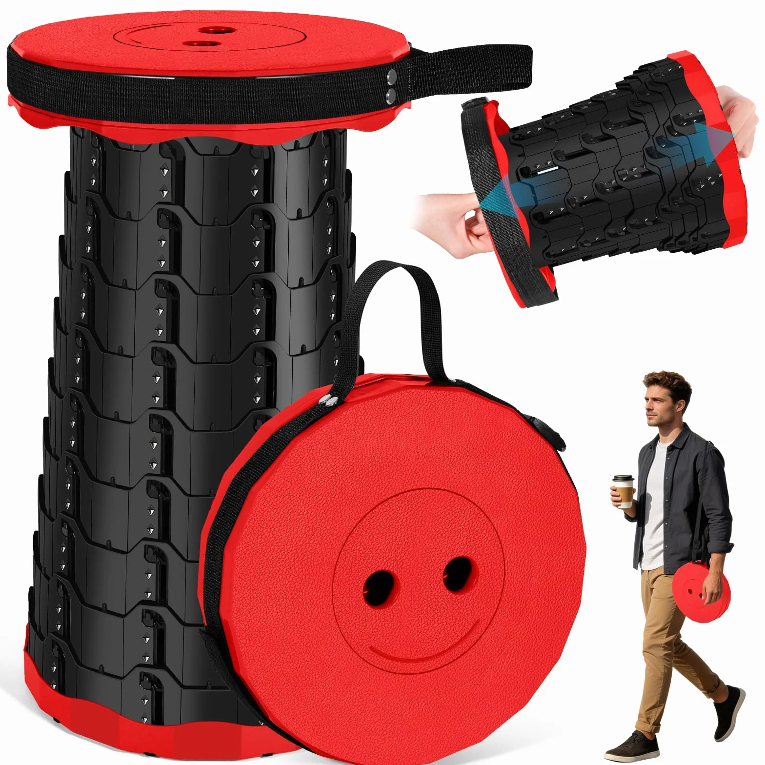 Sgabello Pieghevole Portatile, Sgabello Telescopico, Sgabello da Campeggio Leggero, Altezza Regolabile, Ideale per Campeggio, Giardino, Escursionismo, Pesca, Capacità di Carico 180 kg (Rosso, 1)