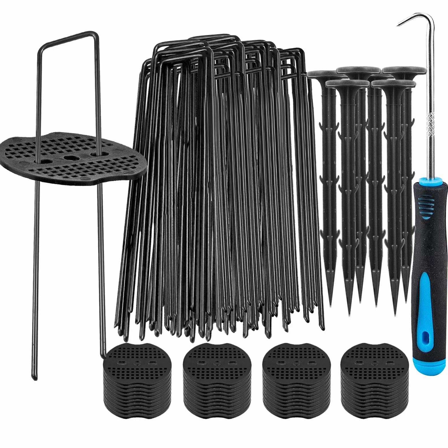 COONE Poli da giardino a forma di U + 10 picchetti da giardino in plastica da 10,9 cm + 20 rondelle tampone + 1 gancio per grimaldelli, graffette da giardino in metallo per bordi paesaggistici