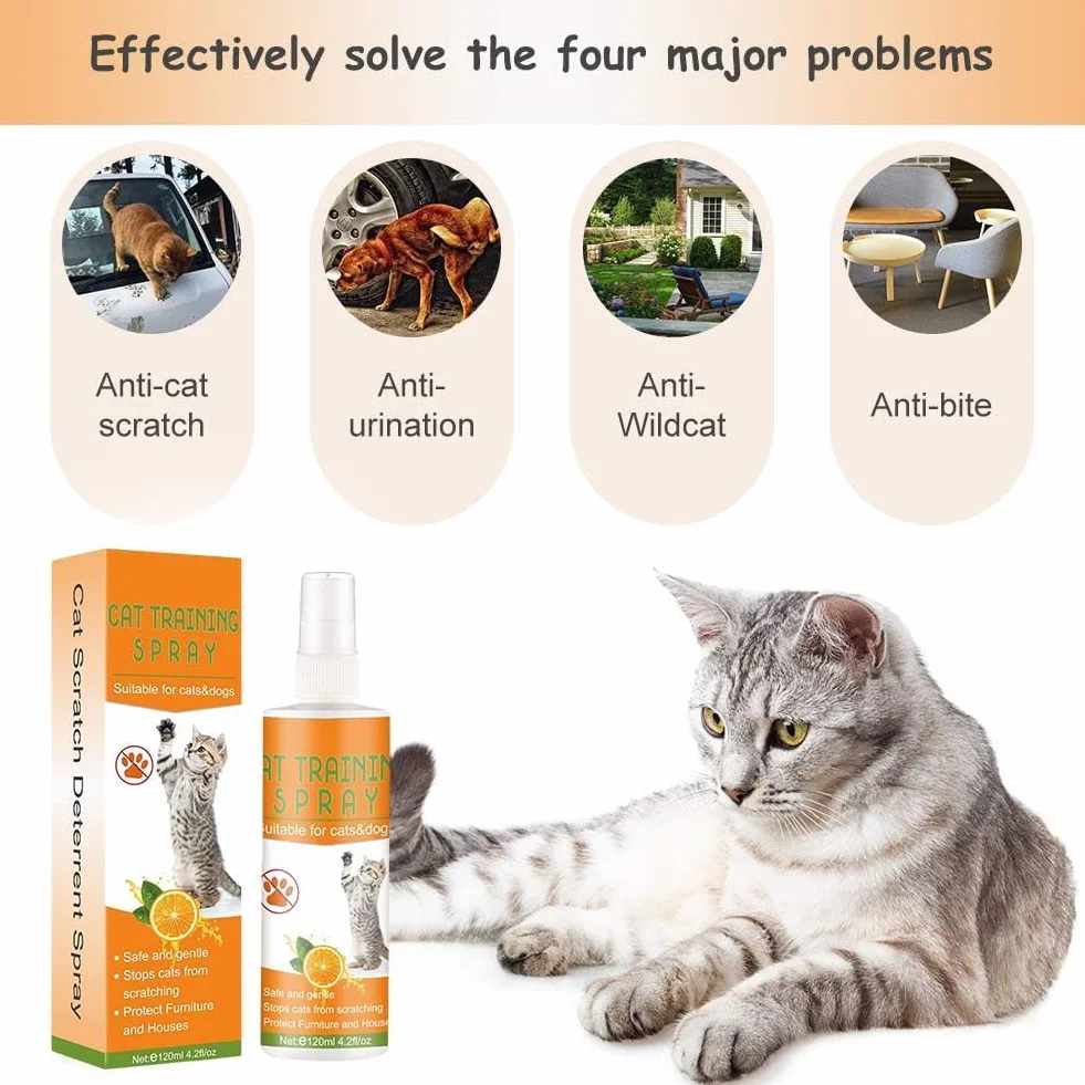 Spray Anti Graffio per Gatti 120 ML, Spray Addestramento Gatti, Protettore Mobili da Graffi per Interni ed Esterni, Divano, Porta