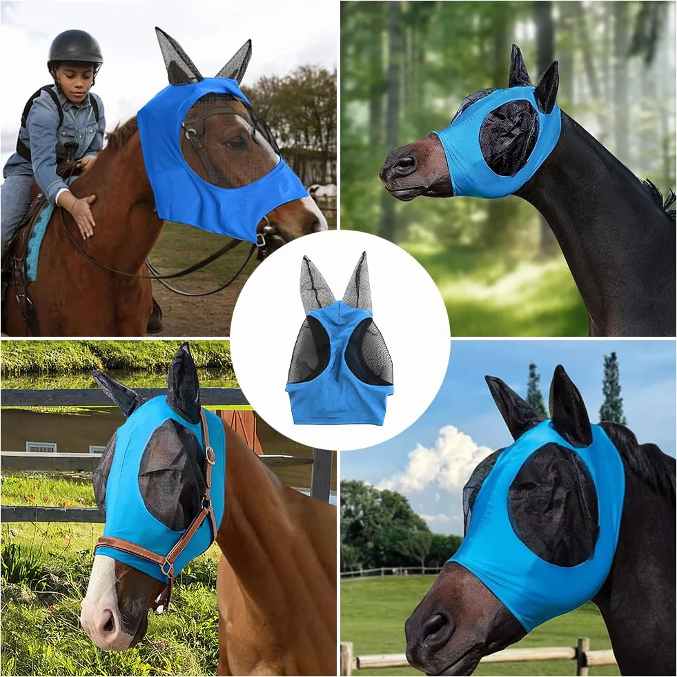 Maschera Anti-Mosche per Cavallo UV Protezione, Maschera Cavallo Antimosche,Maschera per mosche a cavallo,Leggera e Traspirante,con para Orecchie,per la Protezione del Cavallo,Blu