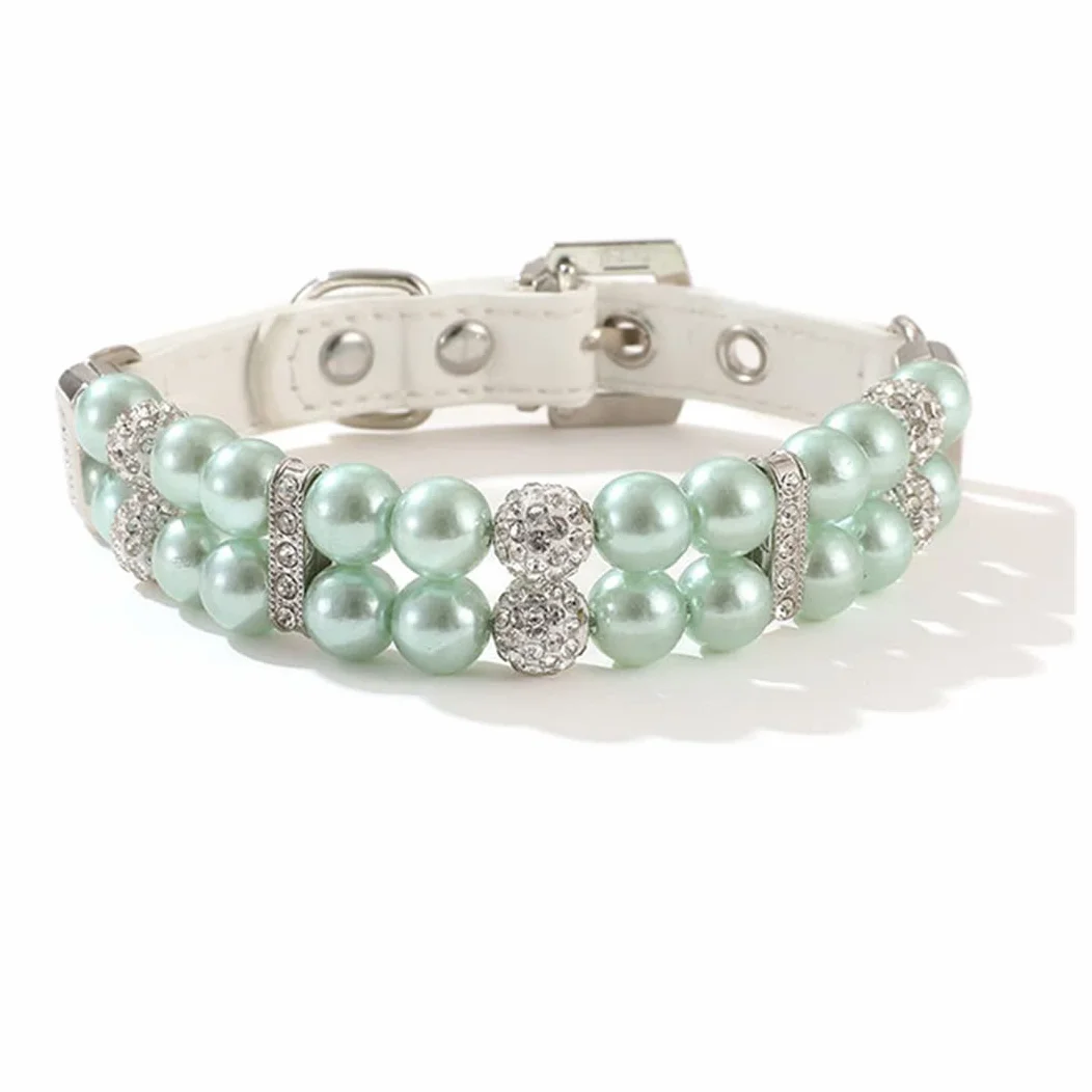 PU Leather Pearl Cat Dog Collar Adjustable Chihuahua 1.5x33cm M Verde