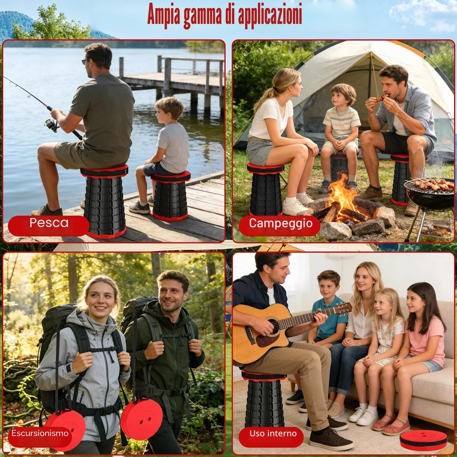 Sgabello Pieghevole Portatile Telescopico da Campeggio Altezza Regolabile 180 kg Rosso