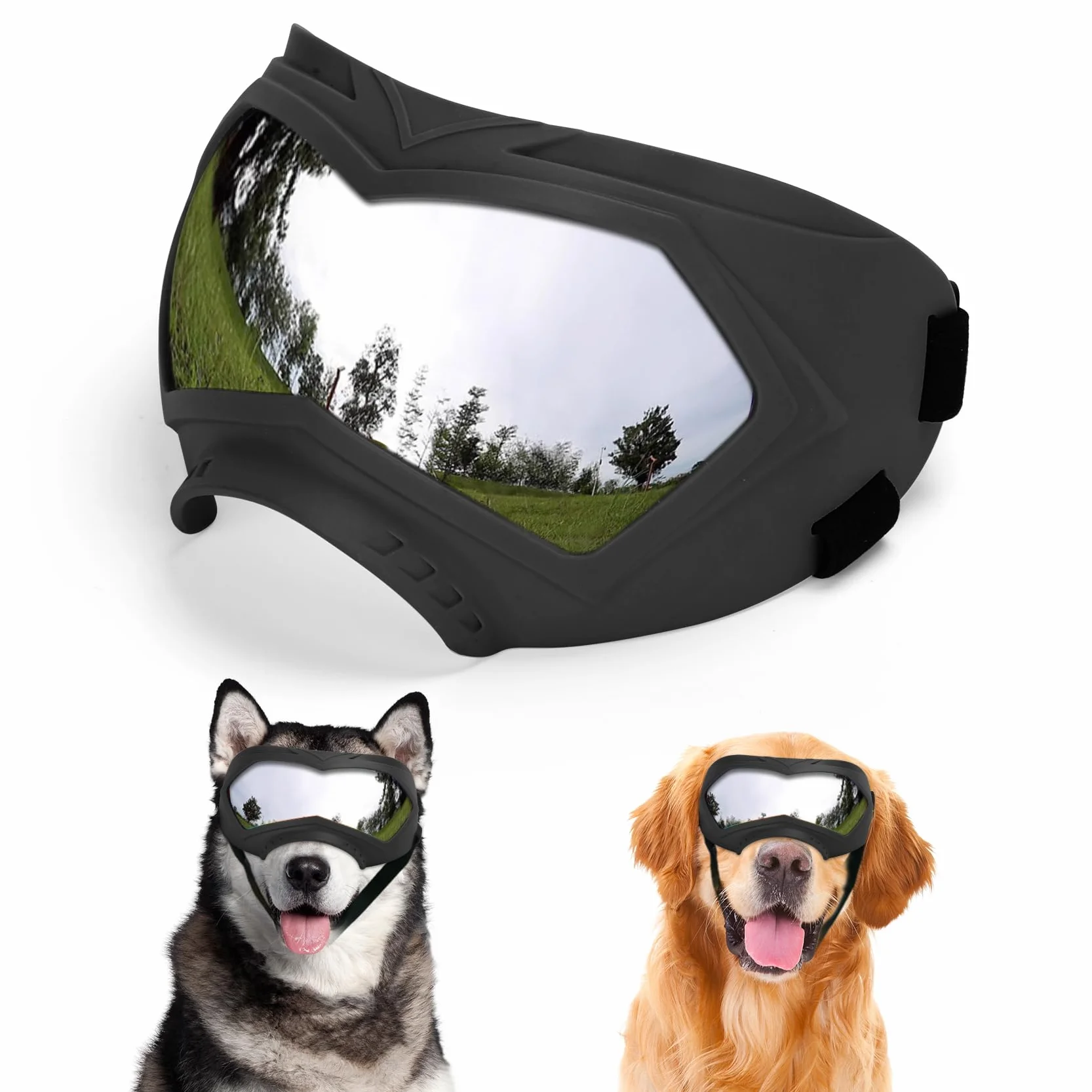 Occhiali per cani, protezione UV, antivento, antipolvere, anti-appannamento, occhiali da sole per cani di taglia grande e media, montatura leggera in TPE con cinturino regolabile, elegante protezione