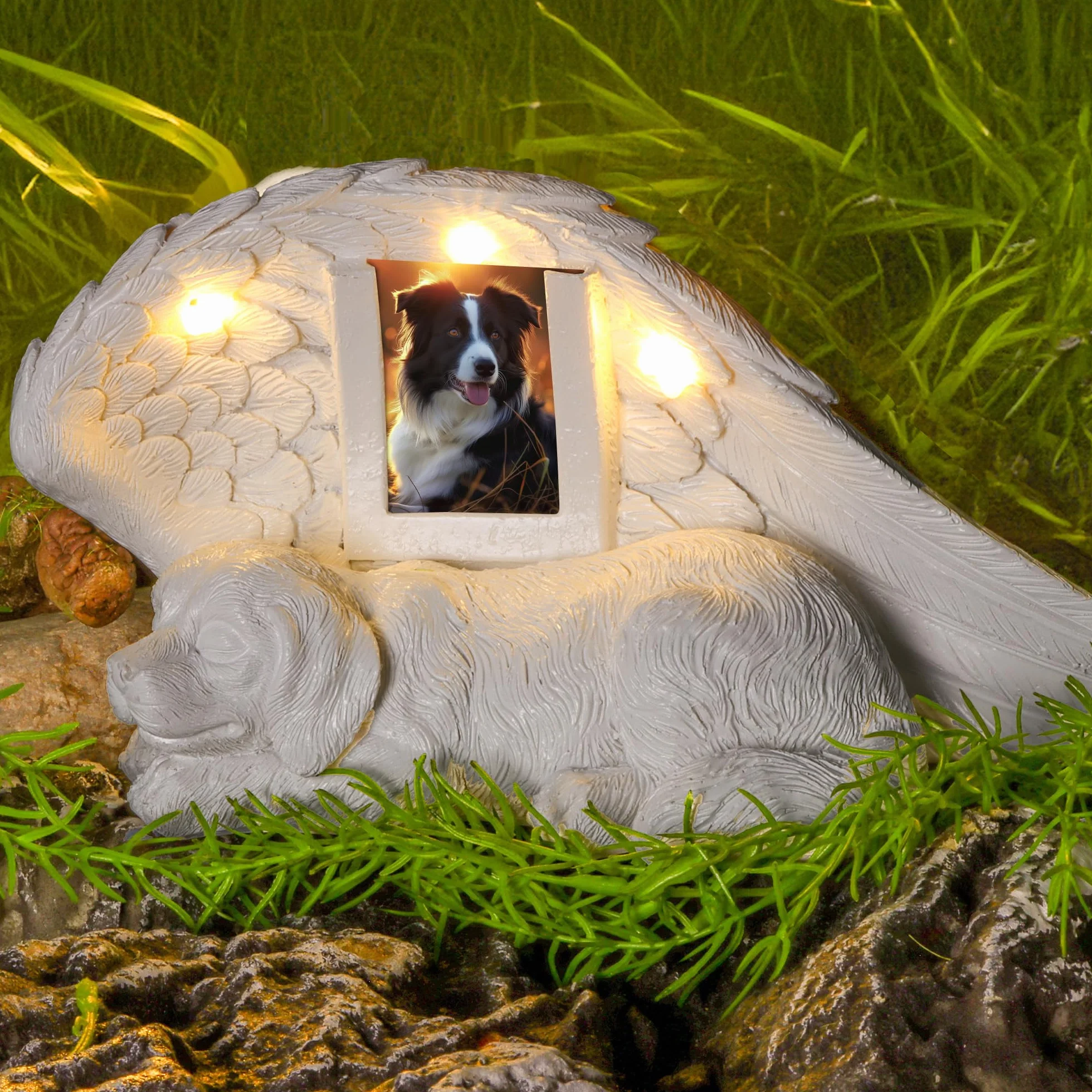 Pietra commemorativa per cani, regalo commemorativo per cani con luce solare a LED, statuetta per cani, urna per cenere, pietra commemorativa per animali domestici, pietra tombale in resina