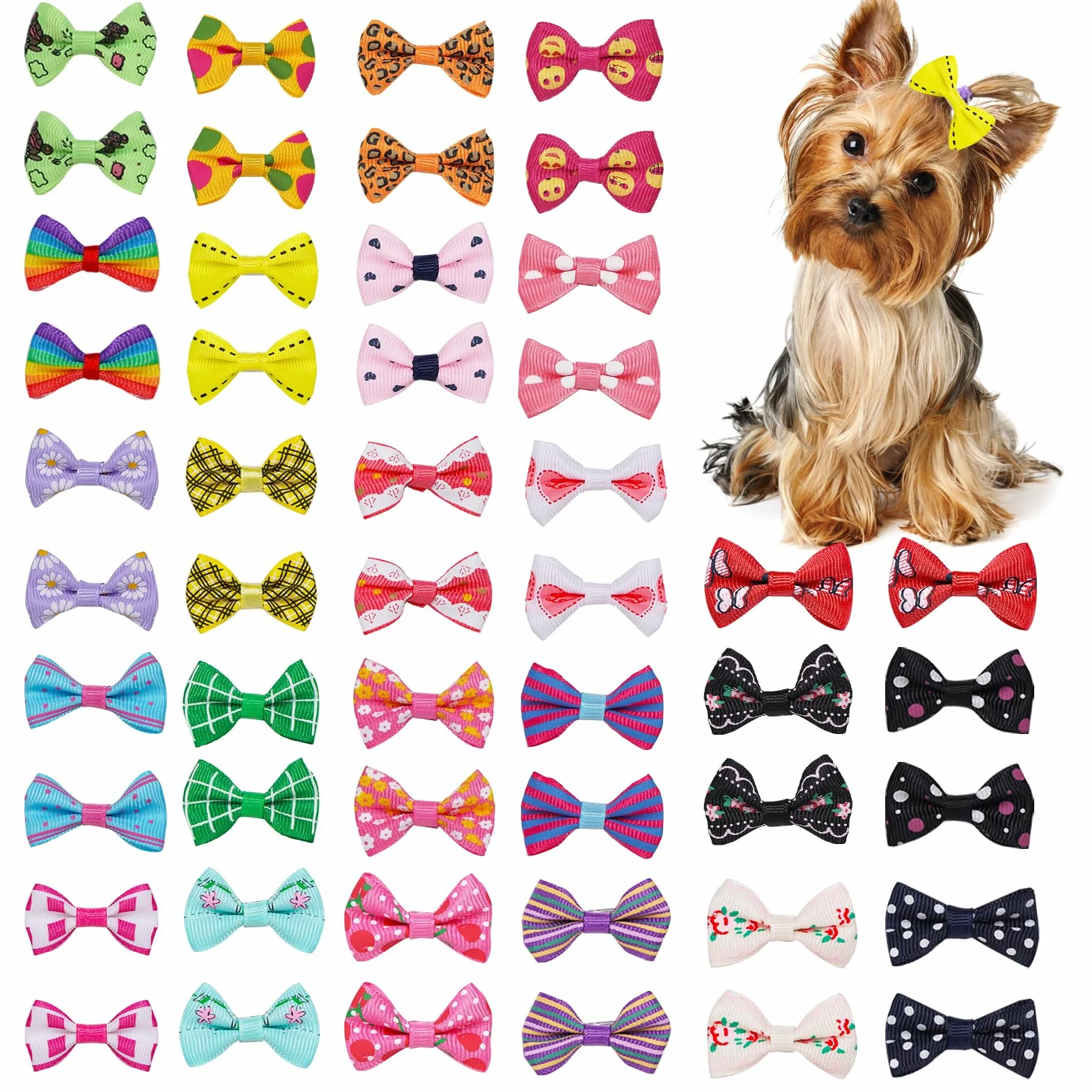 Chenkou, set di 50 fiocchetti per cani, da attaccare al pelo, con clip, per decorare il cane, colori e fantasie miste (25 paia)
