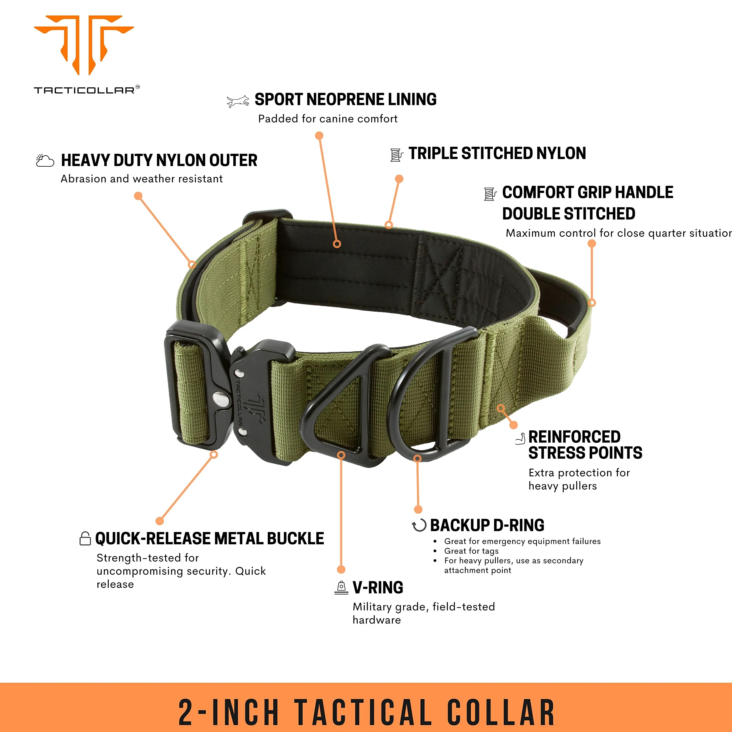 Tacticollar - Collare tattico per cani da 5 cm con manico per cani di taglia media e grande, collare in nylon Mil Spec, fibbia in metallo a sgancio rapido, imbottito all'interno in neoprene (M, verde
