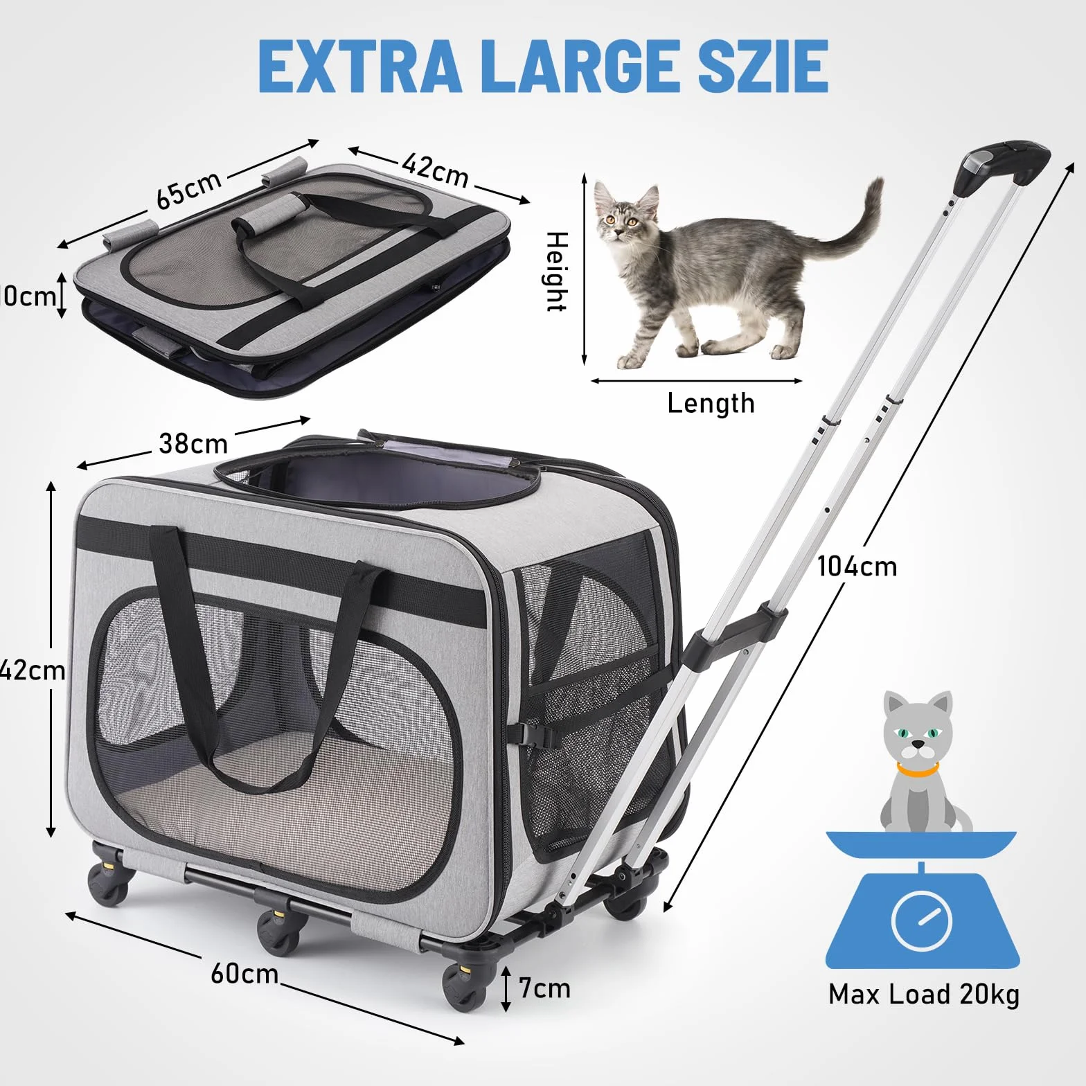 Trasportino per Gatti e Cani con 6 Ruote, fino a 20 kg, Grigio