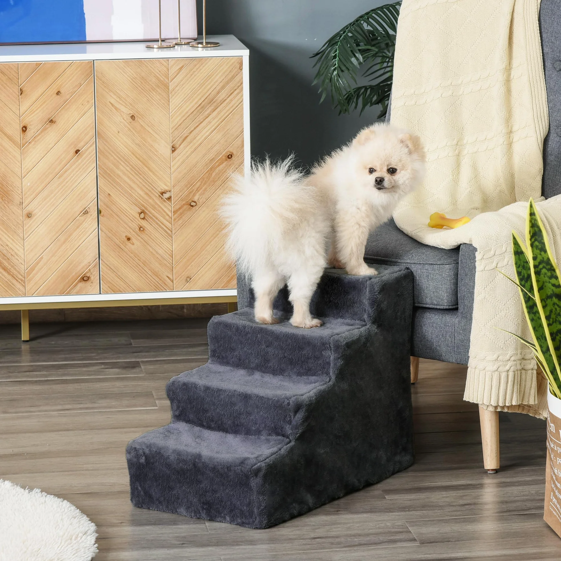 PawHut Scala per Cani 4 Gradini 60x35x44 cm Scaletta per Cani Gatti 10 KG Tessuto Vellutato Sfoderabile Lavabile Grigio Scuro