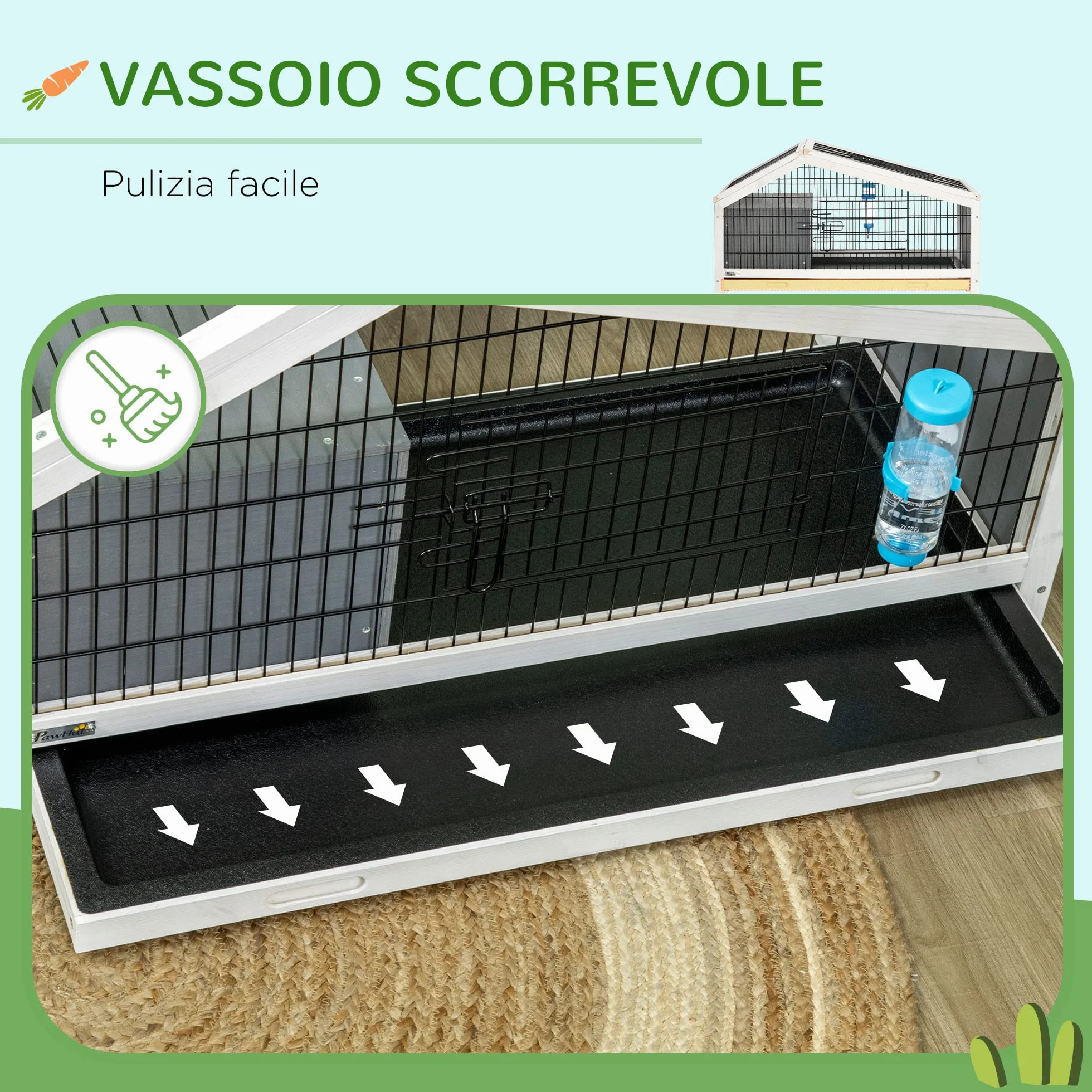 PawHut Gabbietta per 1 Conigli in Legno con Vassoio Estraibile, Casetta e Area Aperta, 90x53x50cm, Grigio Scuro