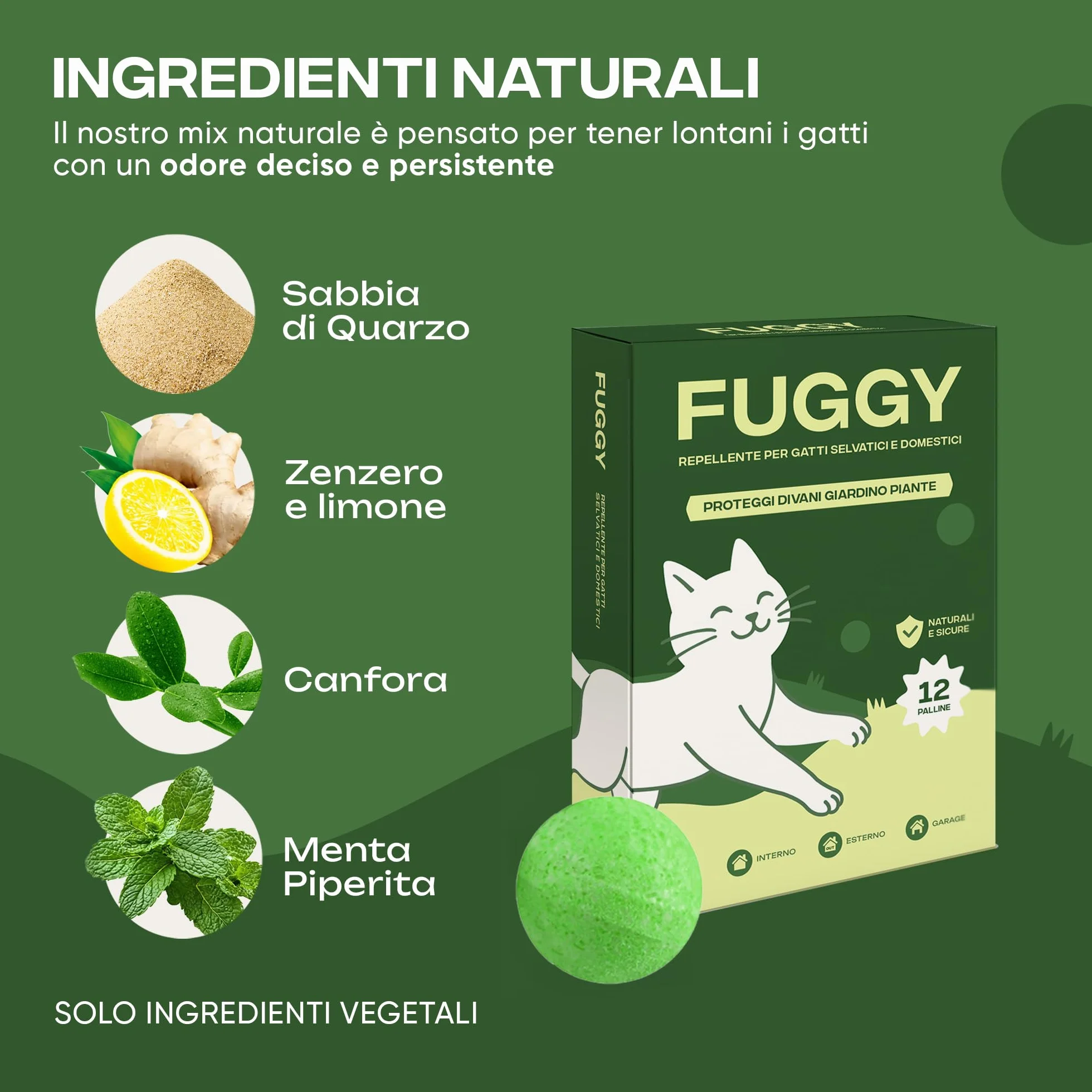 FUGGY - Repellente per Gatti Divano Naturale – Dissuasore e Disabituante Gatti per Interno ed Esterno – 12 Palline + 5 Buste – Anti Gatto Divano e Giardino