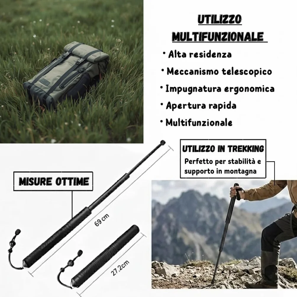 Bastone da Trekking Telescopico Regolabile, Impugnatura Antiscivolo, Punta con Gommino, Leggero